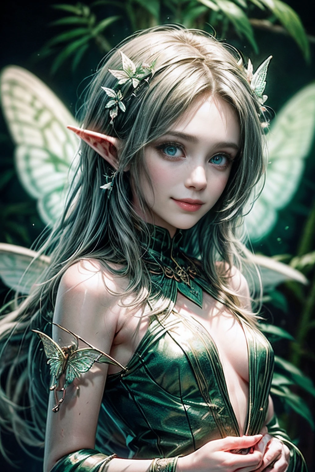 (((Wood Elf, Smiling, Playing with butterflies in the forest ))) green hair, petite body, Radial glow, white fern flowers, optical, Panoramic illumination, atmospheric perspective, dawning, Smoothing: 5d, Light painting, Color, beatiful face, Clear facial features, symmetrical transparent wings, Stunning details