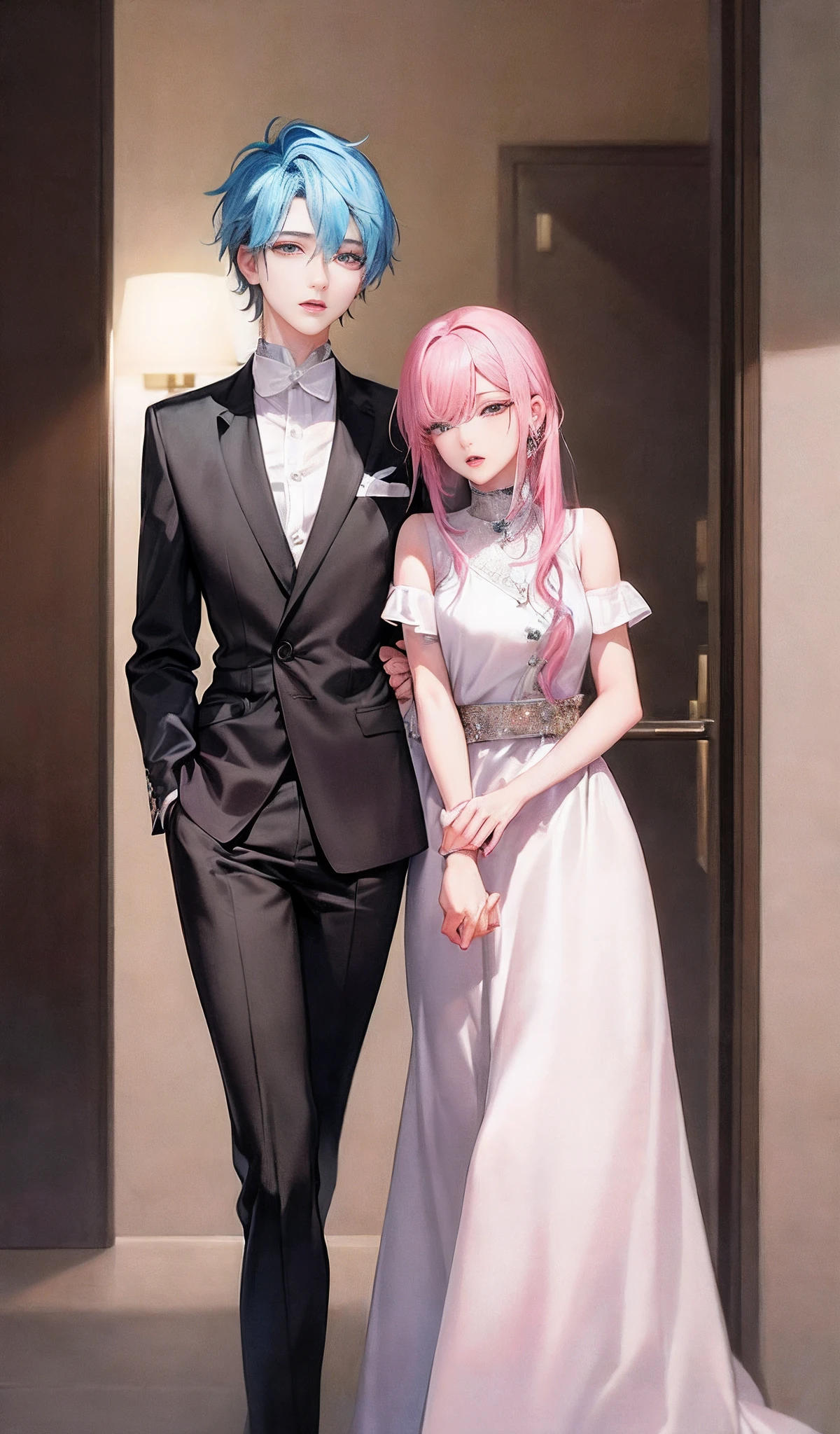 ((Male and female couples)), window, Idol Photos, Photos of actors, Professional Photos, Height difference, tall male, Happiness, youthfulness, extra detailed face, detailed punk hair, very detailed character, inspired by Sim Sa-jeong, Cai Xukun's, detailed realistic faces, highly detailed realistic face, high detailed face anime, realistic detailed face, Accurate detailed face, attractive androgynous humanoid, Cool Korean fashion in black and white, ((With a man with light blue hair)), ((Woman with pink hair)), ((Woman with long hair below waist)), ((Man with short hair over ears)), ((Pink hair woman with gentle expression)), ((Man with light blue hair with wild expression)), high-level image quality, ​masterpiece, Photographed so that the whole body can be seen, Photographed to make clothes look beautiful, Take your eyes off, ((two individuals)), ((British couple))
