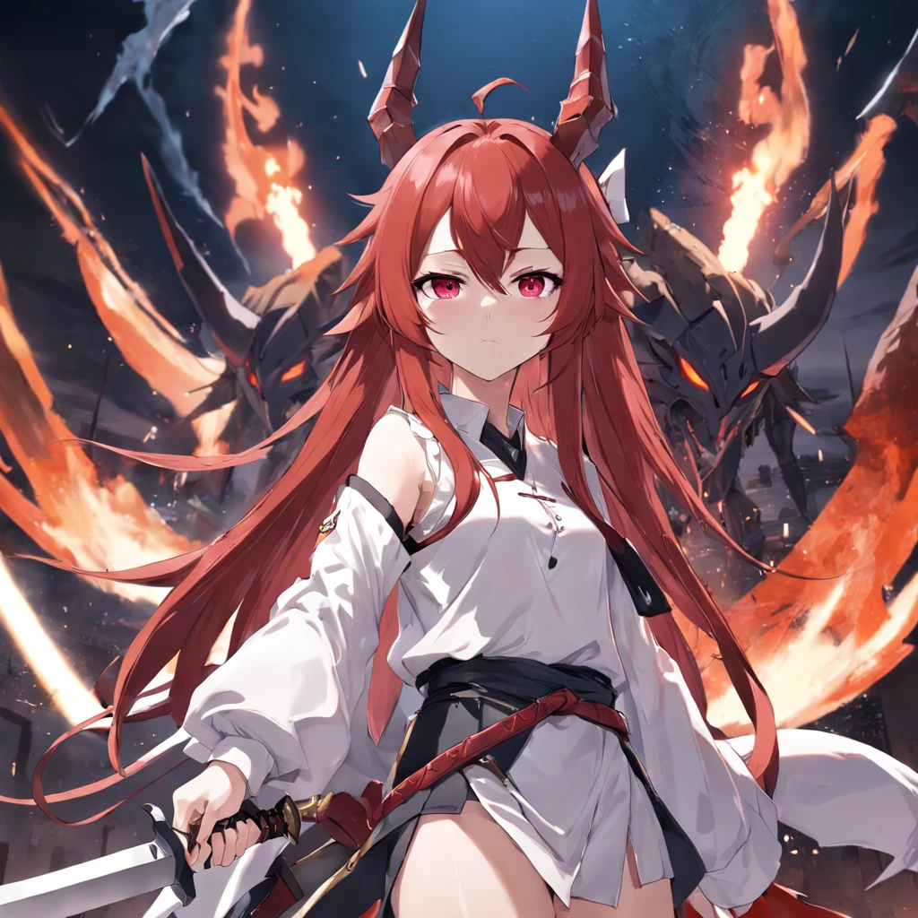 anime girl with long red hair and a white shirt posing, from arknights, wih horns and big sword