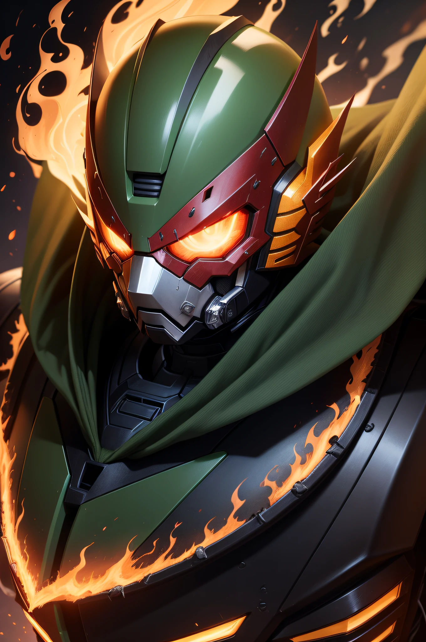 Create a costume for the Fire Kamen Rider that radiates power and heat. Describe in detail the predominant colors, the flame patterns on the shoulder pads, gloves and boots, the design of the helmet with a flaming visor and the flame symbol on the chest A mech, V-shaped mechanical helmet, green light on the eye area, wearing a mech suit, red torn cloak swaying in the wind, a green glowing broad sword green light lights