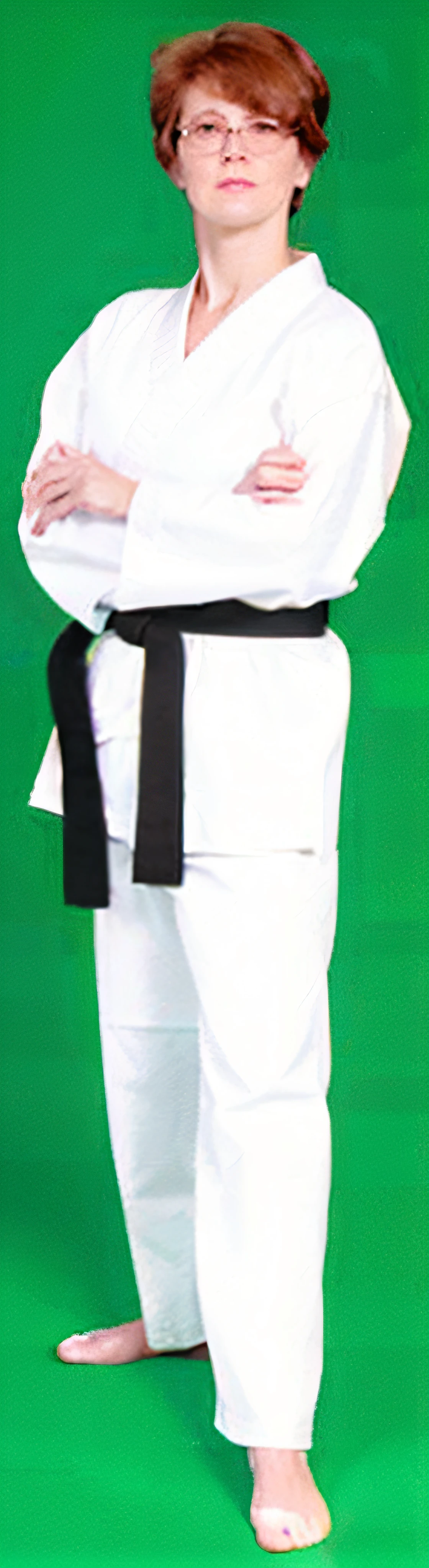elderly spectacled woman in white kimono standing with arms crossed, karate outfit, black belt, wearing a white gi, karate, white uniform, inspired by Masamitsu Ōta, inspired by Gatōken Shunshi, inspired by Tōichi Katō, inspired by Shibata Zeshin, karate pose, belts & velcro galore