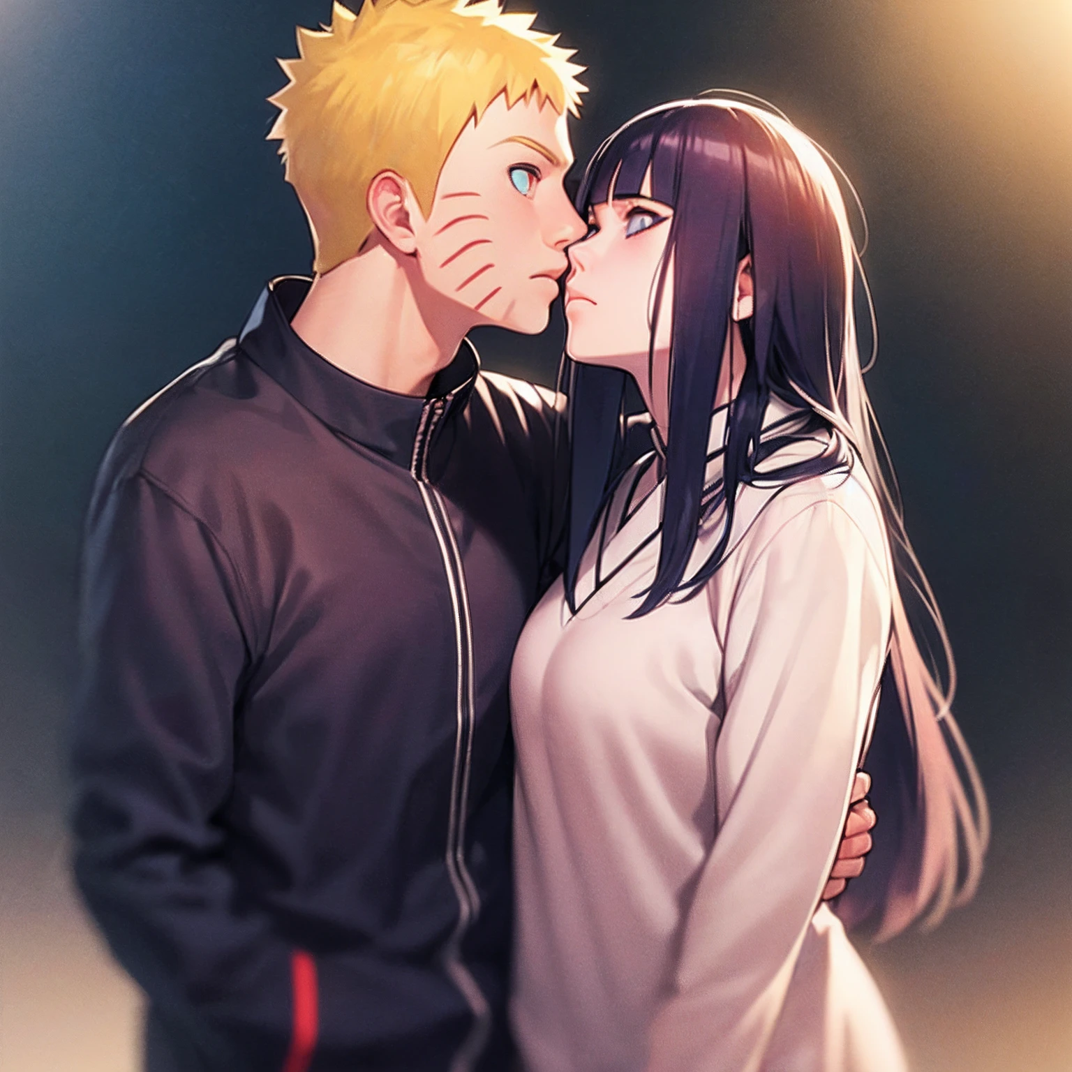 ((Realistic lighting, Best quality, 8K, Masterpiece: 1.3)), Hinata ( 1 female , Dark blue hair, white eyes) , Naruto (1 man, blonde hair , blue eyes),  Couple , kissing, hugging, standing, couple, naruto and hinata, beautiful and handsome, naruhina