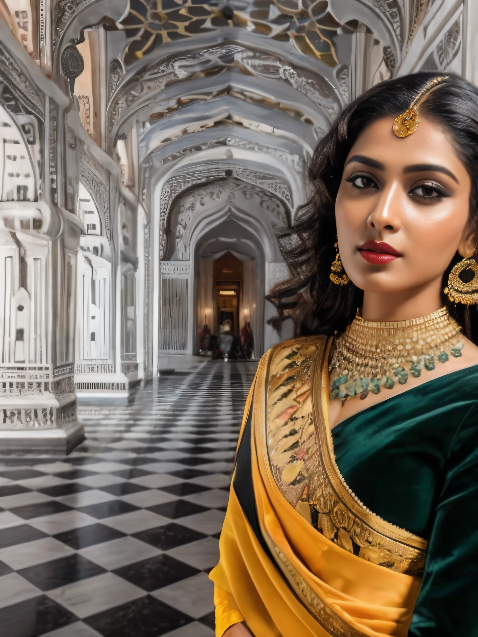 professional 8k high detail photo of ara333 looking at the camera, portrait of super indian model, beautiful face, big breast, dark red lips, fair glowing skin