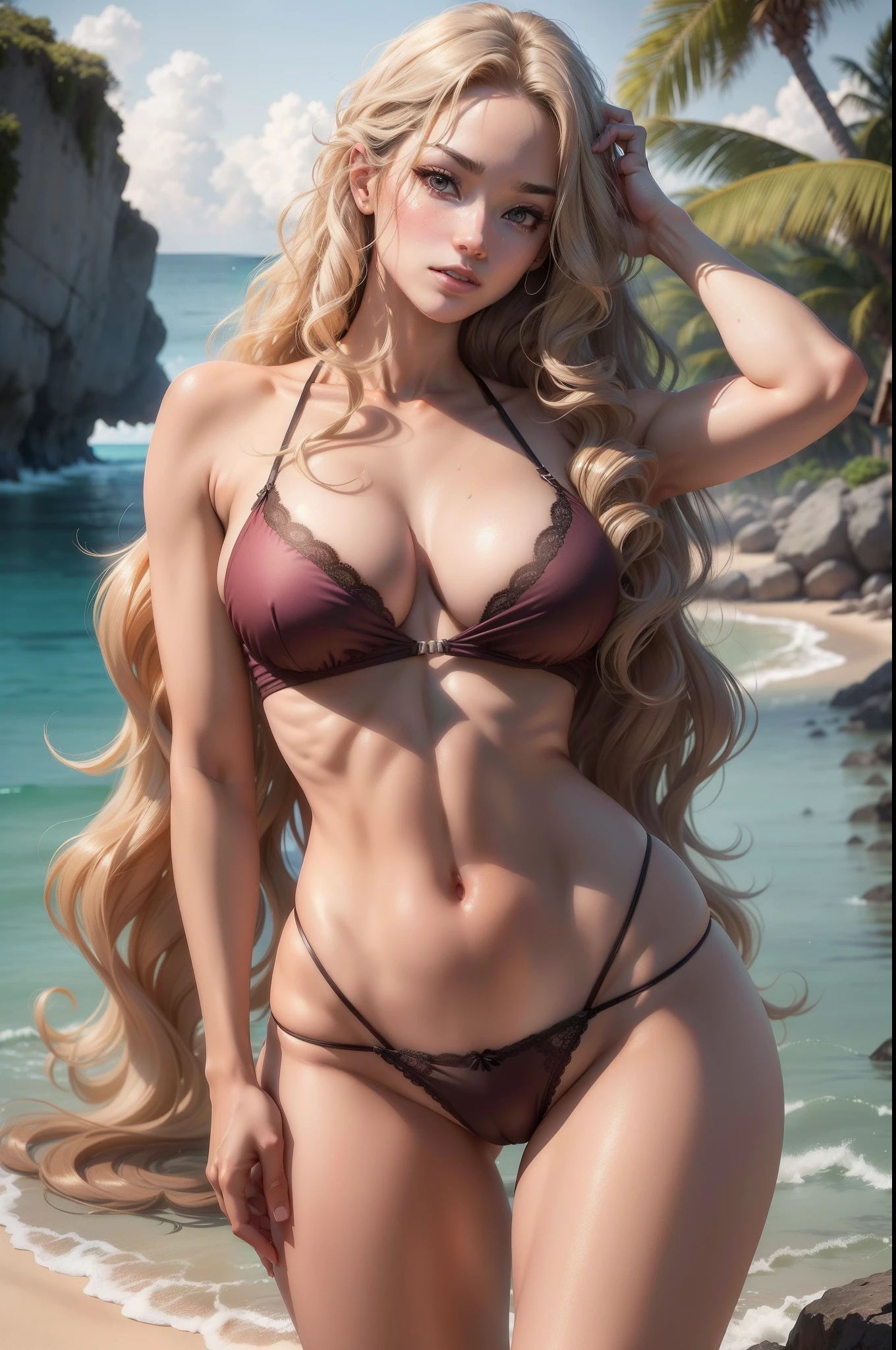 1girl in, (Best Quality ,masutepiece,超A high resolution,(photographrealistic:1.4), Beautiful Women in Perfect Figure: 1.4, Slender Abs: 1.2, Large breasts, (((Long wavy hair)), Highly detailed face and skin texture, (Pose)), (Seductive)), Tight-fitting clothing, Whole body, Wet, Underwear, Seductive_Pose, Lace_Panties, toView_through, Tropical Beach, Swimsuit, Sexy Pose