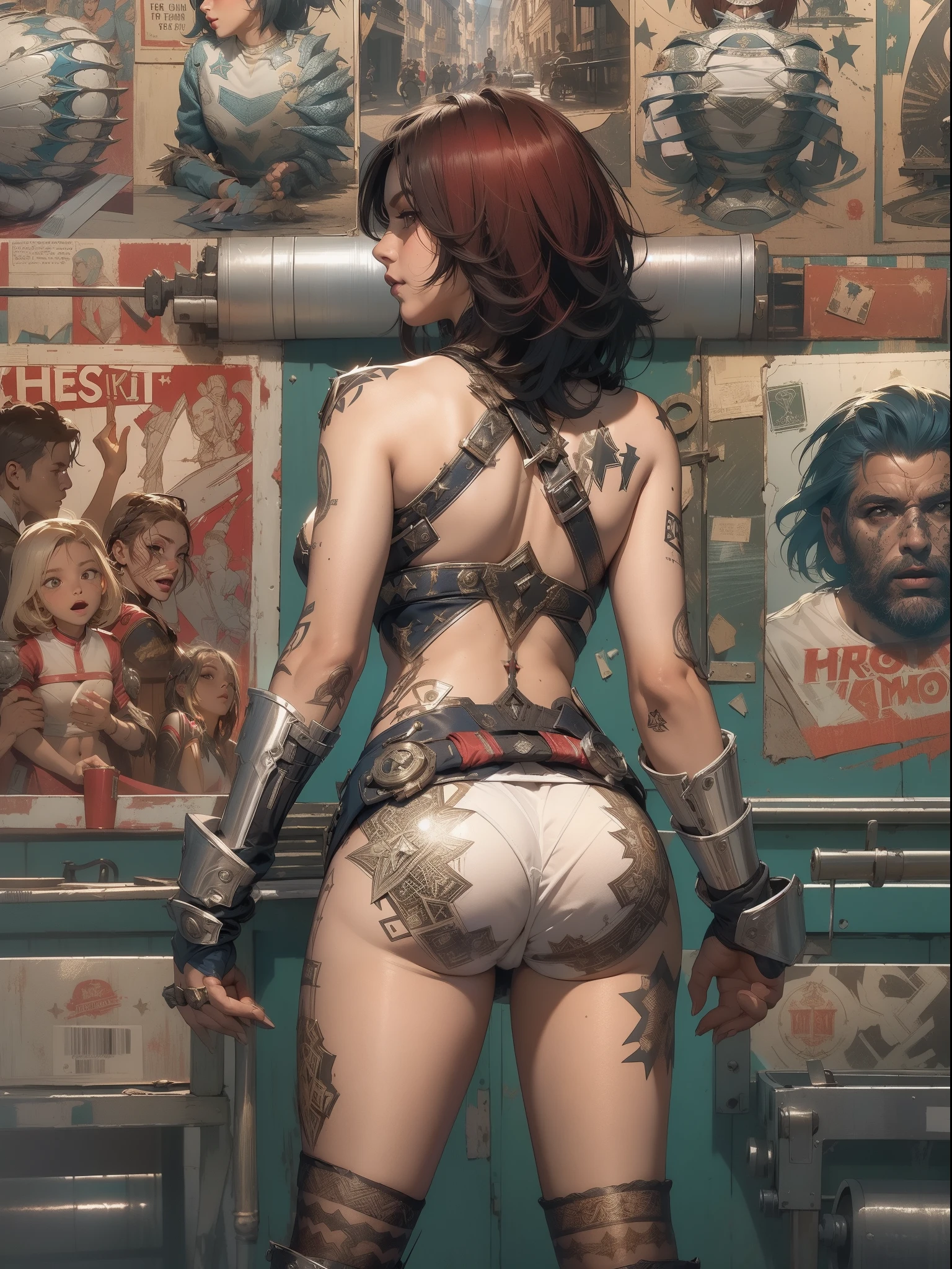 (((mulher))), (((melhor qualidade))), (((obra prima))), (((adulto))), (((1girl))), ((( de costas ))), ((( corte de cabelo bob ))), Uma gladiadora cyberpunk mulher de 25 anos com corpo perfeito, ((( Back view ))), ((( butt ))), shoulder pads with metal spines, Gladiadores do Brooklyn, (( corte de cabelo bob )), tiny leather panties, camiseta de time de rugby rasgada, quase nua no estilo selvagem urbano de Simon Bisley para a capa da revista Heavy Metal, Cabelo loiro curto, Minimum clothing, Metal protection on the left arm with intricate graphics, Dark red with white stars and white and navy blue checkerboard pattern, armadura, cheio de pontas e rebites, (((do joelho pra cima))), cabelos loiro branco curto, no fundo uma parede pintada por Shepard Fairey com um design intrincado