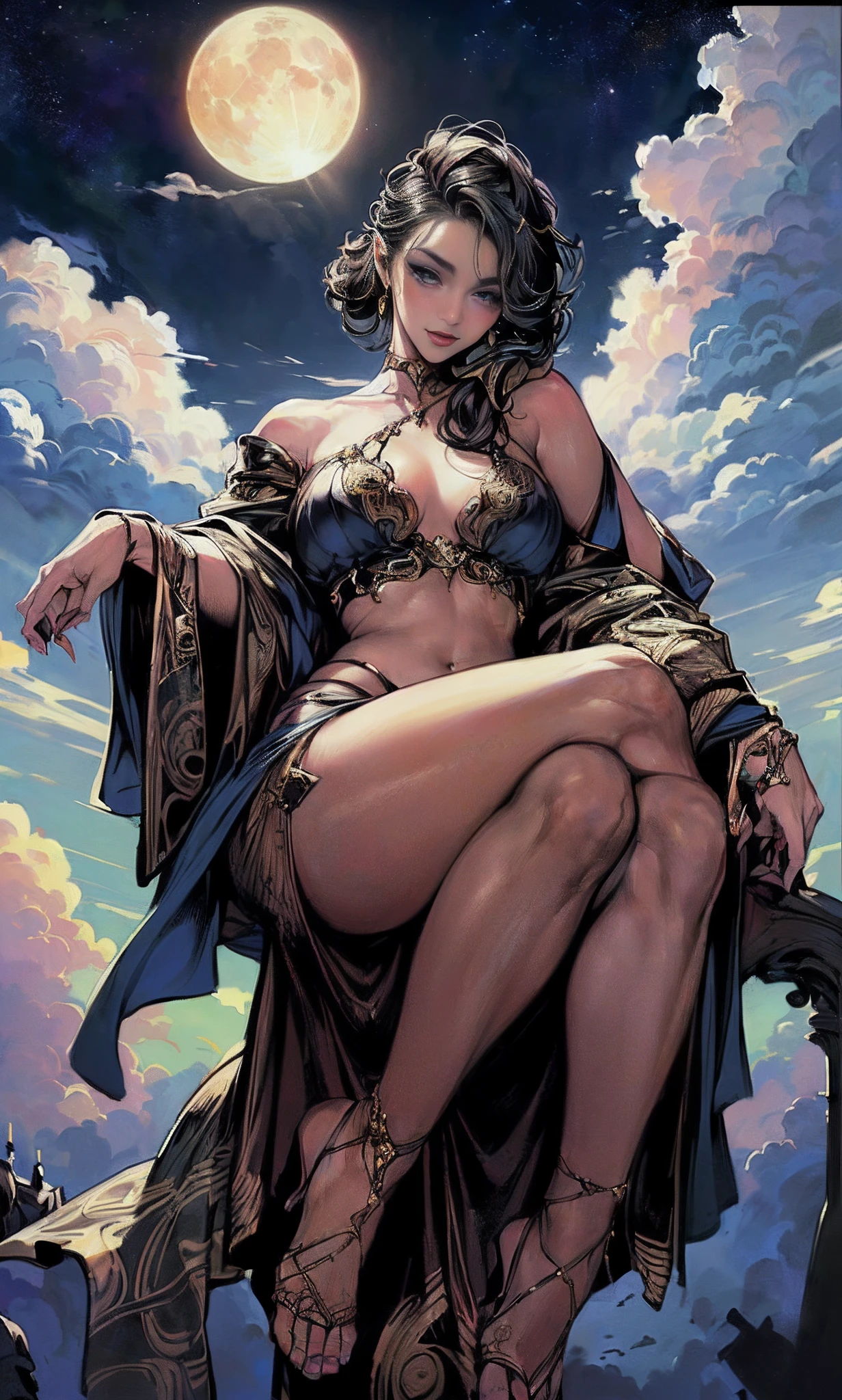 ((Need)), ((tmasterpiece)), (A detailed), Feet up,Enchanting succubus, Ethereal beauty, Perched in clouds, (fantasy illustrations:1.3), Seductive gaze, captivating posture, delicate wings, otherworldly charm, Mysterious Sky, (Luis Royo:1.2), (Yoshitaka Amano:1.1), Moon Night, pastelcolor, (Detailed cloud view:1.3), (A high resolution:1.2)