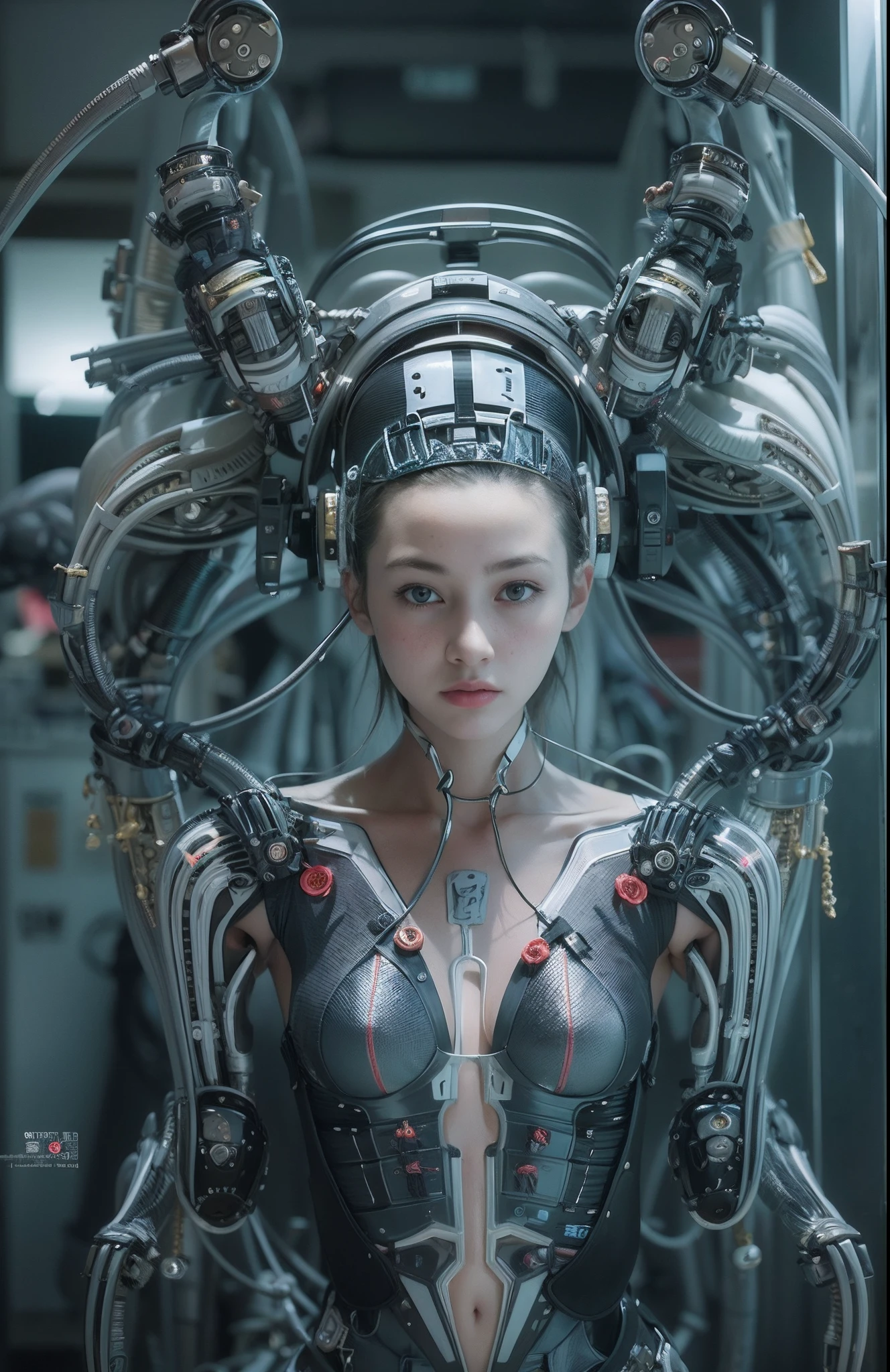 years、Complex 3d rendering ultra detailed beautiful porcelain profile female android face、cyborgs、roboticparts、150 mm、Beautiful Studio Soft Lights、Rim Light、Vivid details、Luxury Cyberpunk、Ren Hao、surrealistic、Anatomical、face muscles、cable electric wires、Microchip、elegent、beatiful backgrounds、octan render、HR Giger Style、8k、top-quality、masterpiece、illustratio、extremely delicate and beautiful、A highly detailed、CG、unification、wall-paper、(realisitic、Photorealsitic:1.37)、magnifica、finely detailed、masterpiece、top-quality、Official Art、Highly detailed CG Unity 8k wallpapers、absurderes、incredibly absurdness、机器人、Silver Halmet、(((Full body like)))、looking at from the front、sitting on