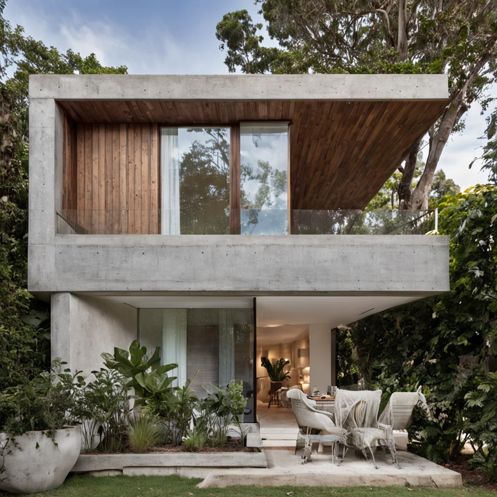 casa um andar above collun de com15m2, com telhado estilo cabana alpina, with sustainable architecture with precast elements in steel structure with apparent irons, com a frente orientada pela fachada. moderno, Minimalist and organic design, with the work of bright bricks amaizing white and random gray degrade on the walls, com grandes janelas e portas pretas que permitem que a luz natural entre na casa e quintal com gramado exuberante lot arvores, sustentabilidade, tecnologia do futuro, architectural creativity, nova cultura, Self-sufficiency, The golden ratio, a beautiful building in the middle of the image, um fundo desfocado, a building, espalhar, cores naturais, cores calmas, master part, arte, BETTER RESOLUTION