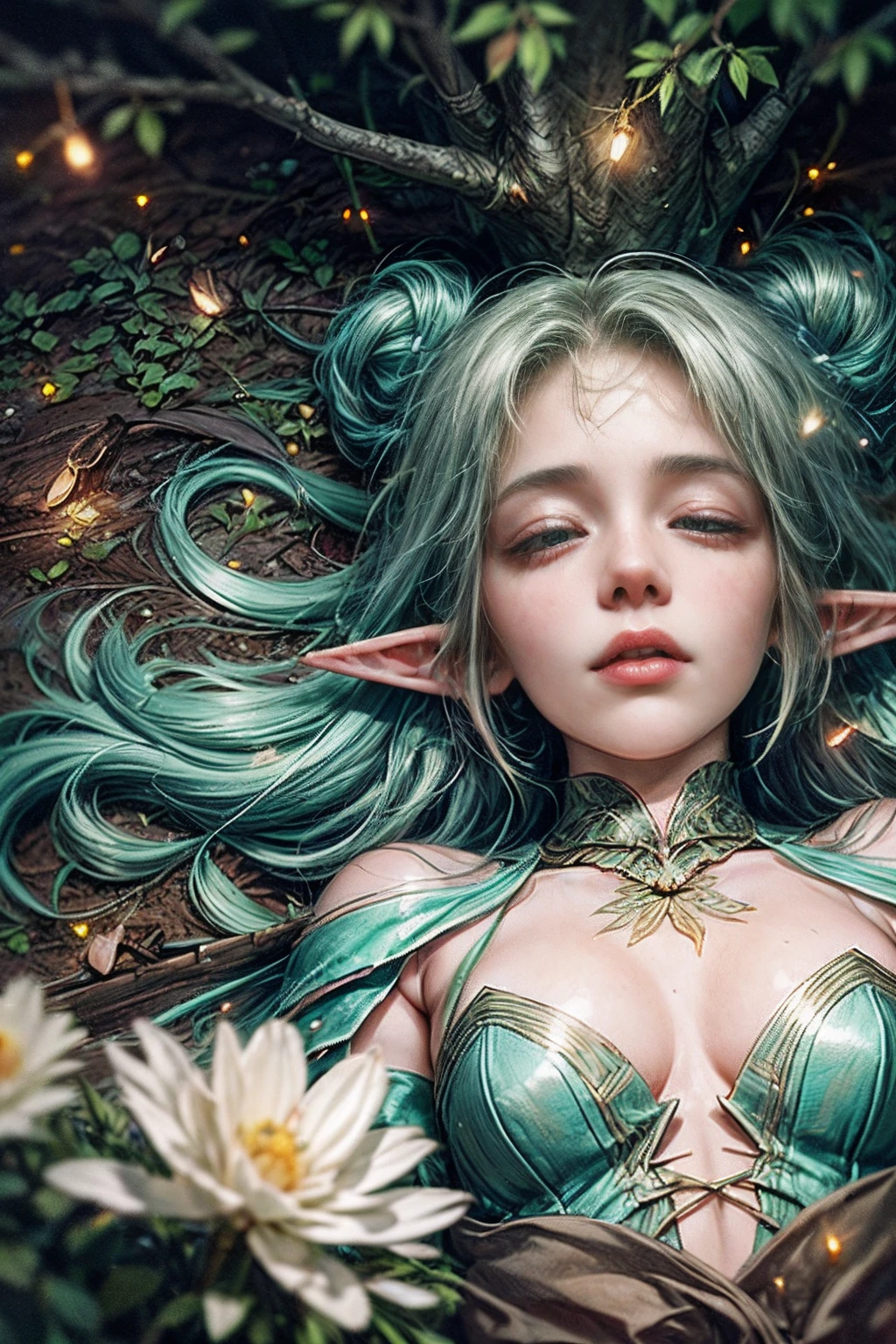 (((the night, Wood elf lying under a tree and sleeping, Fireflies all around))) green hair, petite body, Radial glow, white fern flowers, optical, Panoramic illumination, atmospheric perspective, dawning, Smoothing: 5d, Light painting, Color, beatiful face, Clear facial features, symmetrical transparent wings, Stunning details