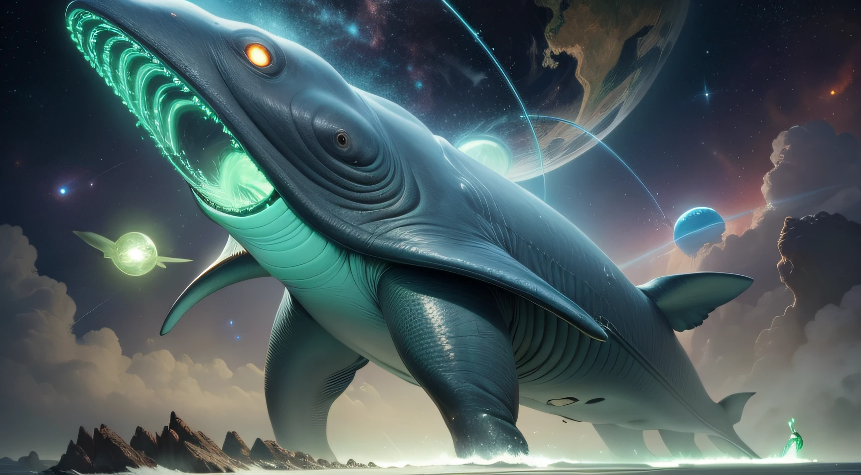 Ultra realistic gigantic alien sperm whale with long mouth and evil green glowing eyes in outer space Sci fi stars planets