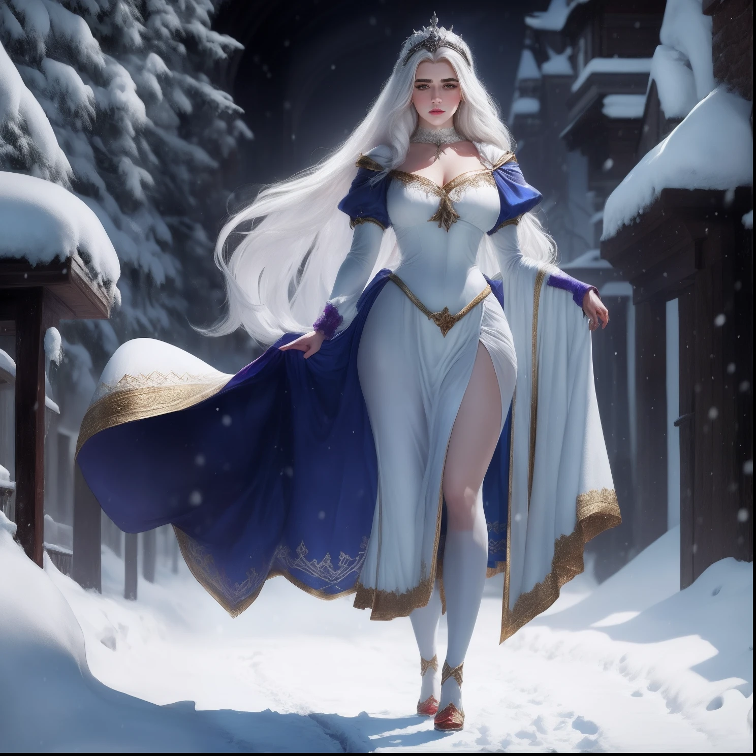 There's a costumed woman walking down a snowy road, pale snow white skin, Branca de Neve como um D & d lutador, Branca de Neve, Cosplay glamouroso, Cosplay ornamentado, Alena Aenami e Artgerm, Amouranth, mais conhecido como Amouranth, thicc, fantasy photoshoot, Cosplay, Witcher)), 4K HD | | |. cabelos negros