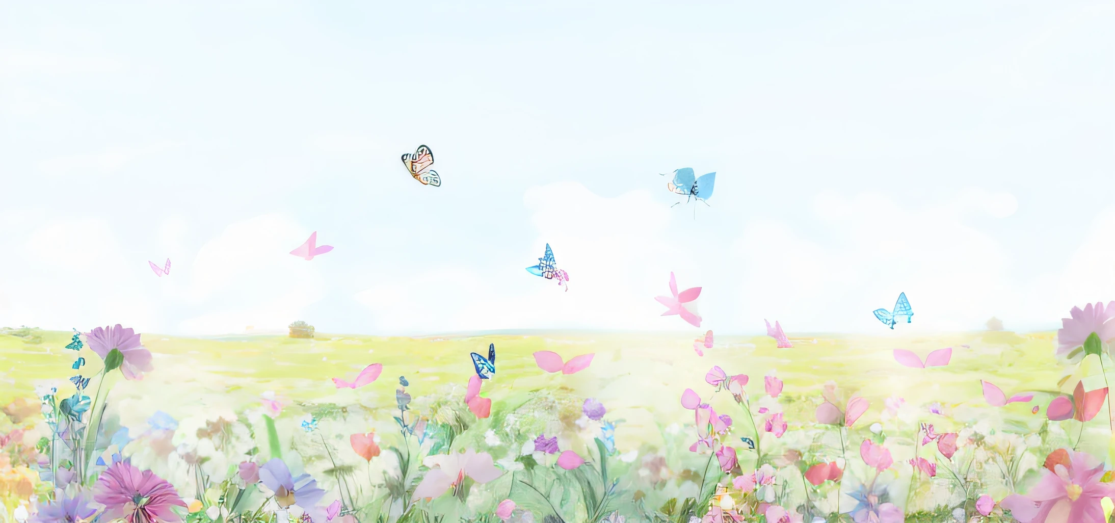 butterflies flying over a field of flowers with a blue sky in the background, fundo do prado, campo de fundo das flores, flores e borboletas, plano de fundo do campo, Campo de flores, summer meadow, Prado de flores, fundo da flor, paisagem arejada, prado, detailed scenery—width 672, cena ampla, summer field, fundo da natureza, ambiente floral, scenic background, Campo de flores de fantasia