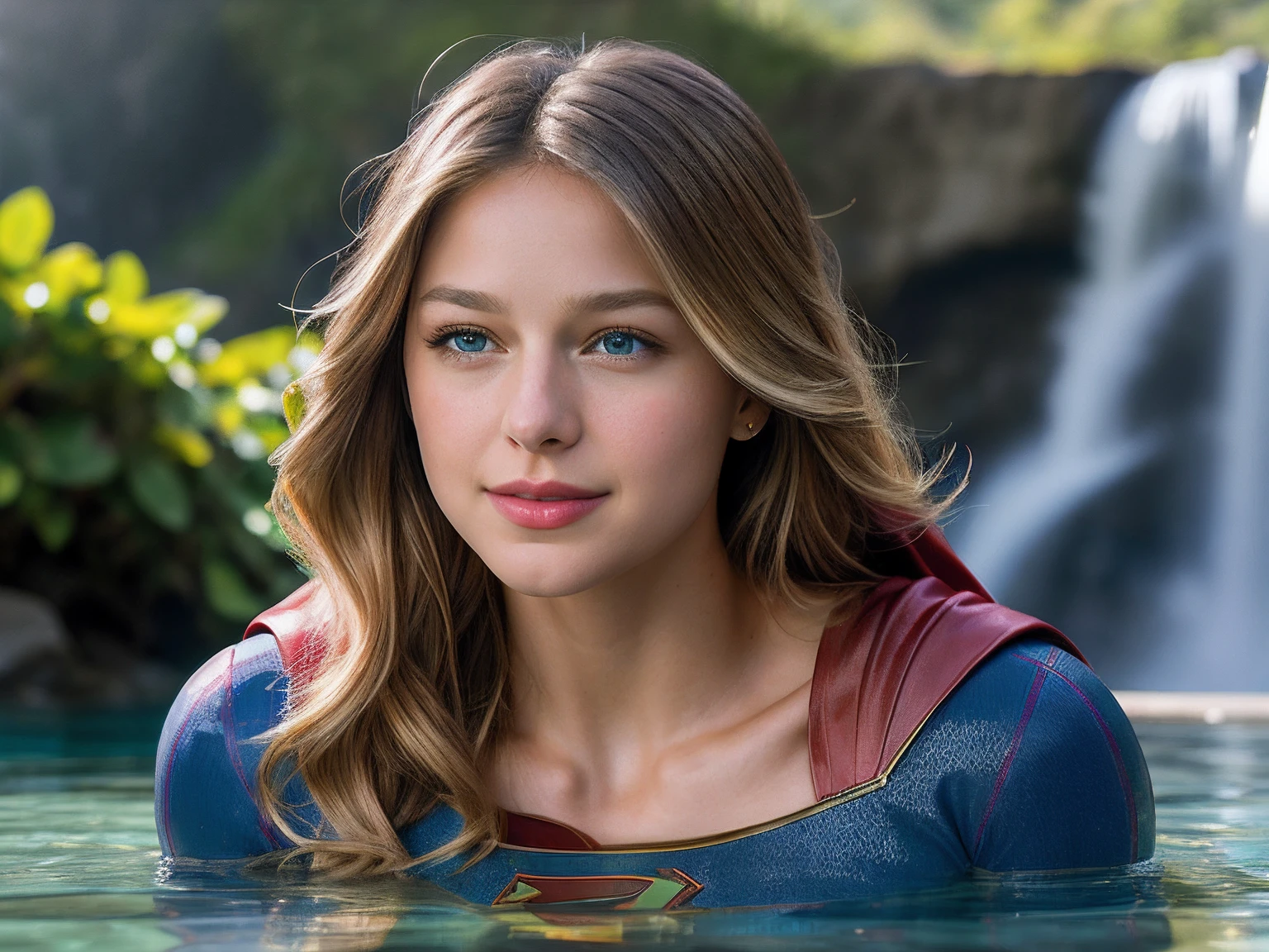 real, photoshoot, realistic, luminescent, atmospheric scene, masterpiece, best quality, (detail skin texture, ultra-detailed body:1.1), RAW photo, (high detailed skin:1.2), 8k uhd, dslr, film grain, Fujifilm XT3,
1girl, melissabenoist-smf, blonde hair, blue eyes, realistic, blurry background, superhero, blurry, long hair, lips, jewelry, upper body, collarbone, solo, red cape, (Melissa benoist as supergirl, blonde hair), (Nestled in a lush, untouched landscape, suoergirl in her supergirl costume stands before the waterfall which cascades with breathtaking beauty. Silver waters plunge from rocky heights, glistening in the sunlight. Lush greenery envelops the scene, a vivid contrast to the crystal-clear pool below. Mist rises like delicate veils, lending an ethereal quality. Nature's masterpiece, a symphony of water and life, captivates all who gaze upon its awe-inspiring grandeur), solo focus, depth of field, (smile:1.2), looking at viewer, sunlight rays, armor