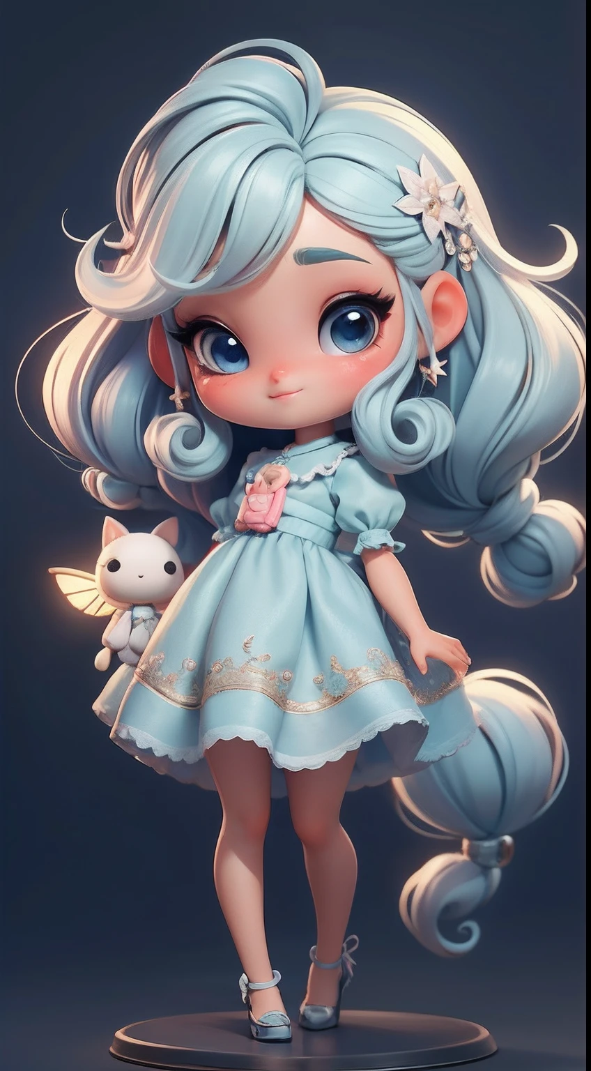 Create a series of chibi style dolls with a fairy theme, each with lots of detail and in an 8K resolution. All dolls should follow the same solid background pattern and be complete in the image, mostrando o (corpo inteiro, incluindo as pernas: 1.5)
Boneca fadas: Chame-a de Bella. Ela deve ter cabelo curto em tons terrosos claro. Seus olhos devem ser grandes e brilhantes, with long eyelashes and rosy cheeks. asas longas, abertas e brilhantes. Bella deve estar vestida com um vestido delicado e longo, com detalhe estampado e saia longa rodada. Detalhes florais. Don't forget the details, com detalhes coloridos e enfeites encantadores, sapato bonito
Certifique-se de adicionar sombras, texturas e detalhes nos cabelos, roupas, Cute accessories of each doll, to make them even more adorable and charming.