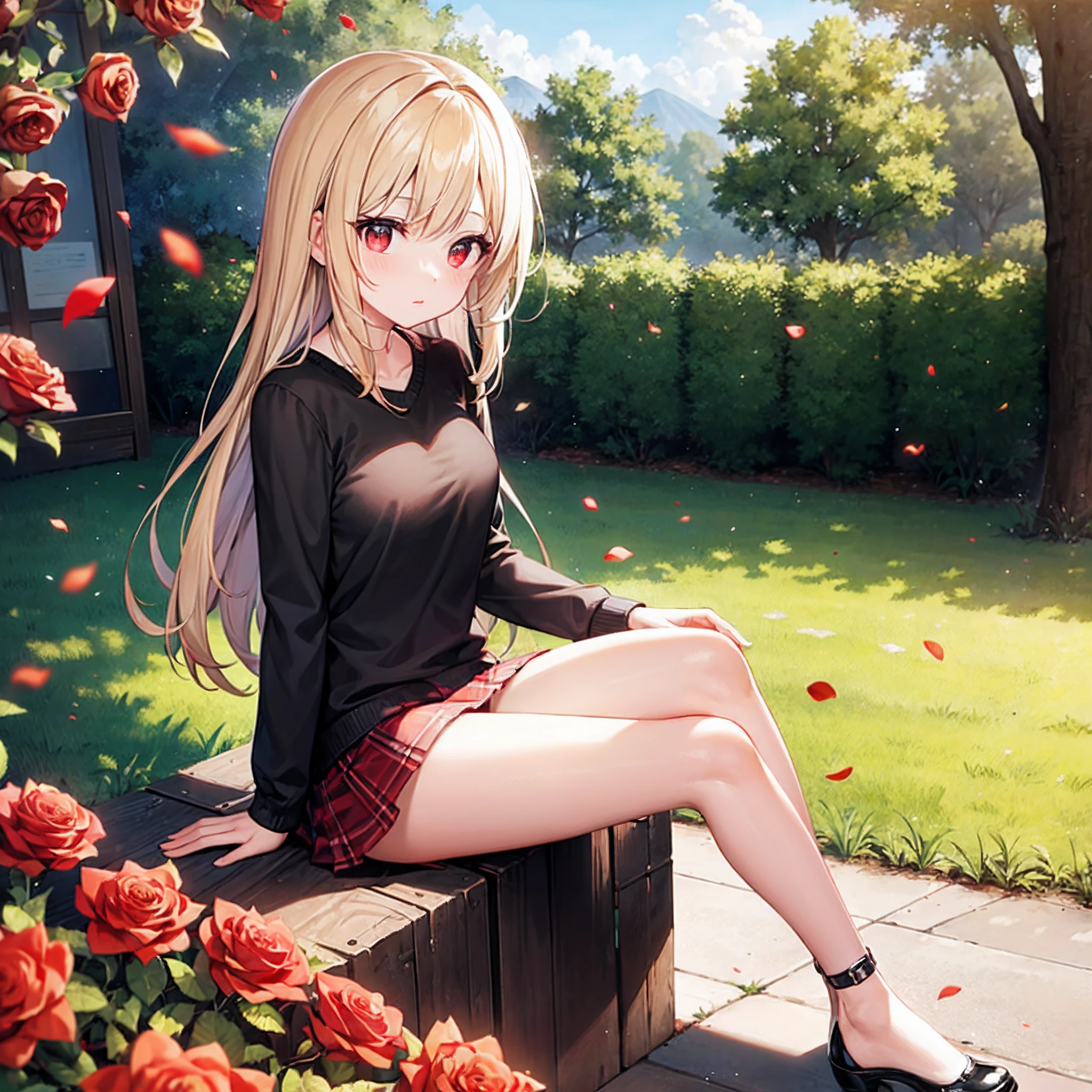 a blond、red eyes、Beautiful girl alone、Bright red roses、bare-legged、a miniskirt、sitting on、