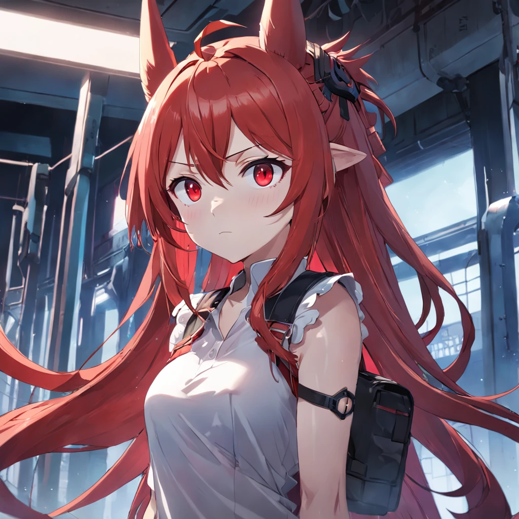 only one anime girl with long red hair and and red eyes, from arknight, with horns and big swordm, red mini skiirt, in the train