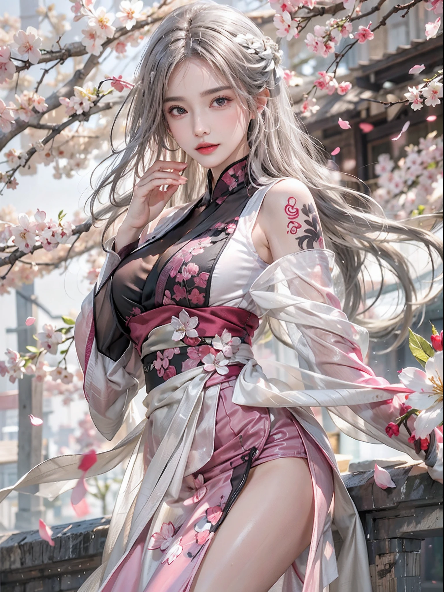 Photorealistic, High resolution, Soft light,1womanl, Solo, hips up high, glistning skin, (Detailed face),The tattoo, Jewelry, Wedding see-through hanfu, cherry blossom, Night, White wavy hair, Beautiful Soldier, An eye that invites the viewer, Lover's perspective, inviting expression, Sexy smile, Perfect Style, Perfect balance, Detailed skin, Naughty gaze, Chest visible、see -through、Sheer feeling、Wet skin、Wet hair、