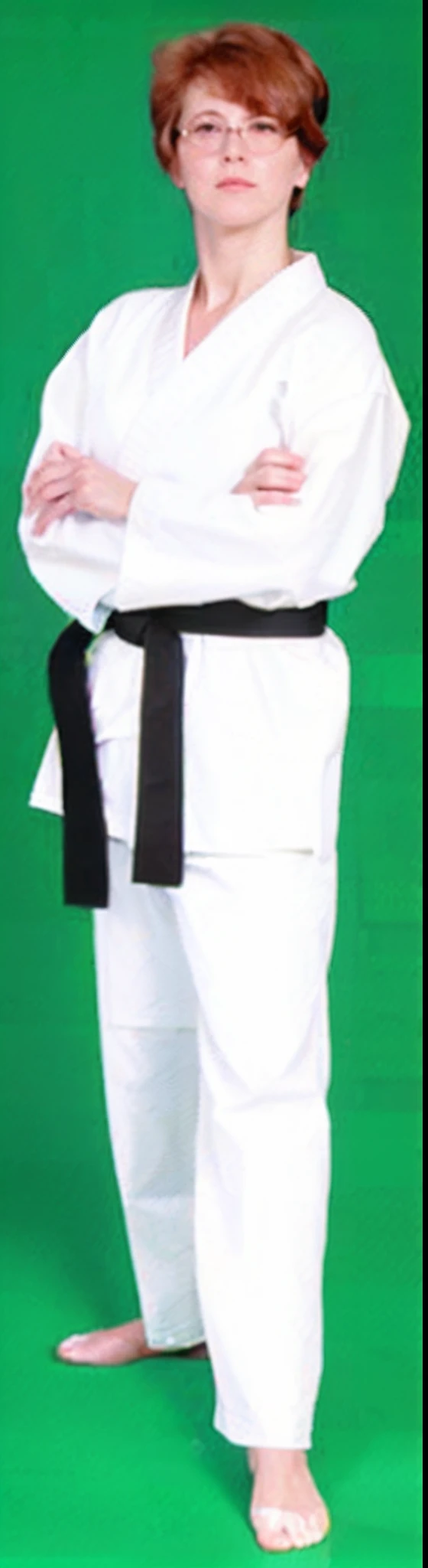 elderly spectacled woman in white kimono standing with arms crossed, karate outfit, black belt, wearing a white gi, karate, white uniform, inspired by Masamitsu Ōta, inspired by Gatōken Shunshi, inspired by Tōichi Katō, inspired by Shibata Zeshin, karate pose, belts & velcro galore