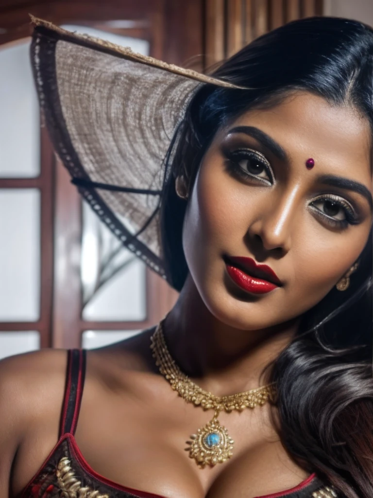 professional 8k high detail photo of ara333 looking at the camera, portrait of super indian model, beautiful face, big breast, dark red lips, fair glowing skin