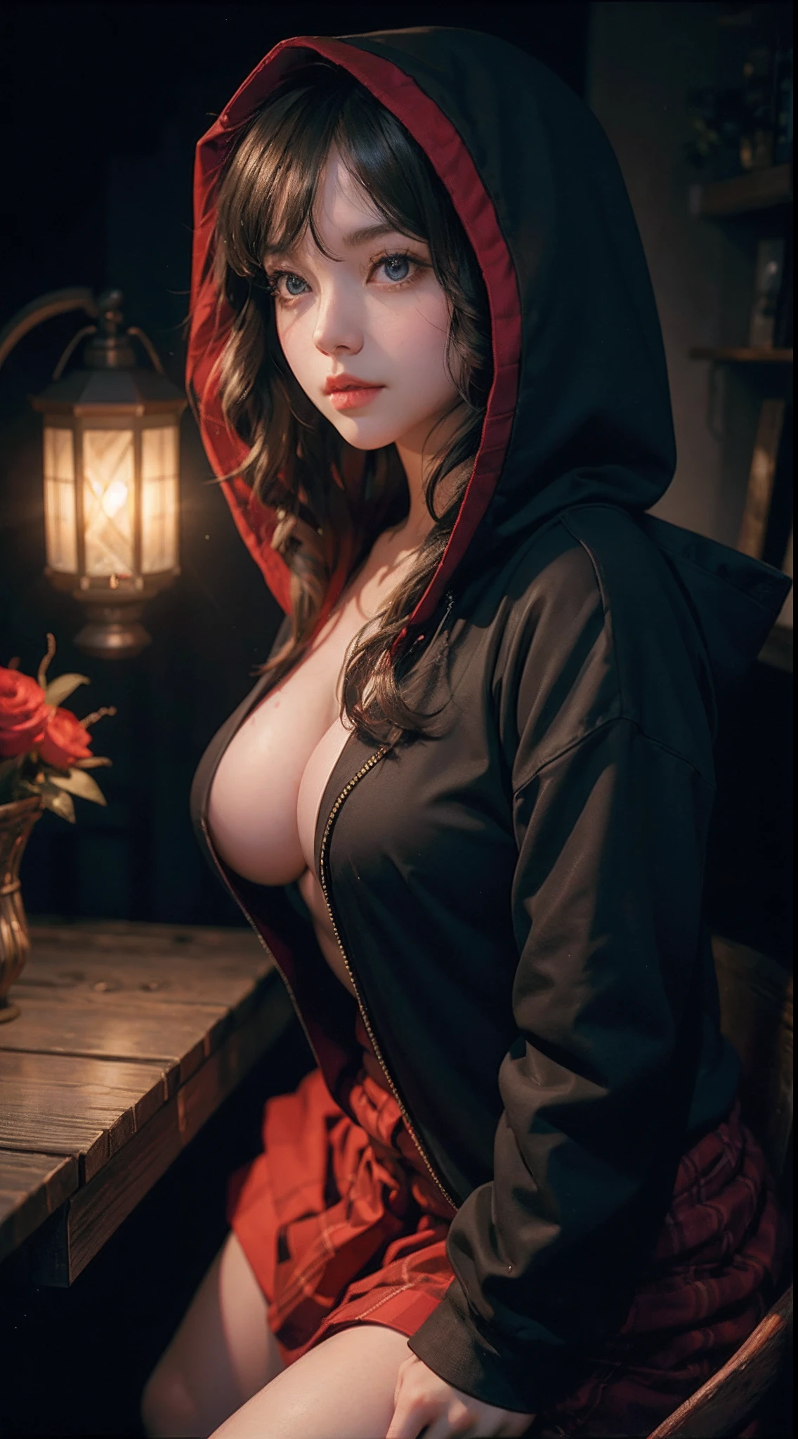 red riding hood、 Girls、Naked Hoodie、mid night、Pitch Black Forest、、Lantern Light Up、Shade Touch、Pitch black background、Detailed face close-up、cleavage of the breast、