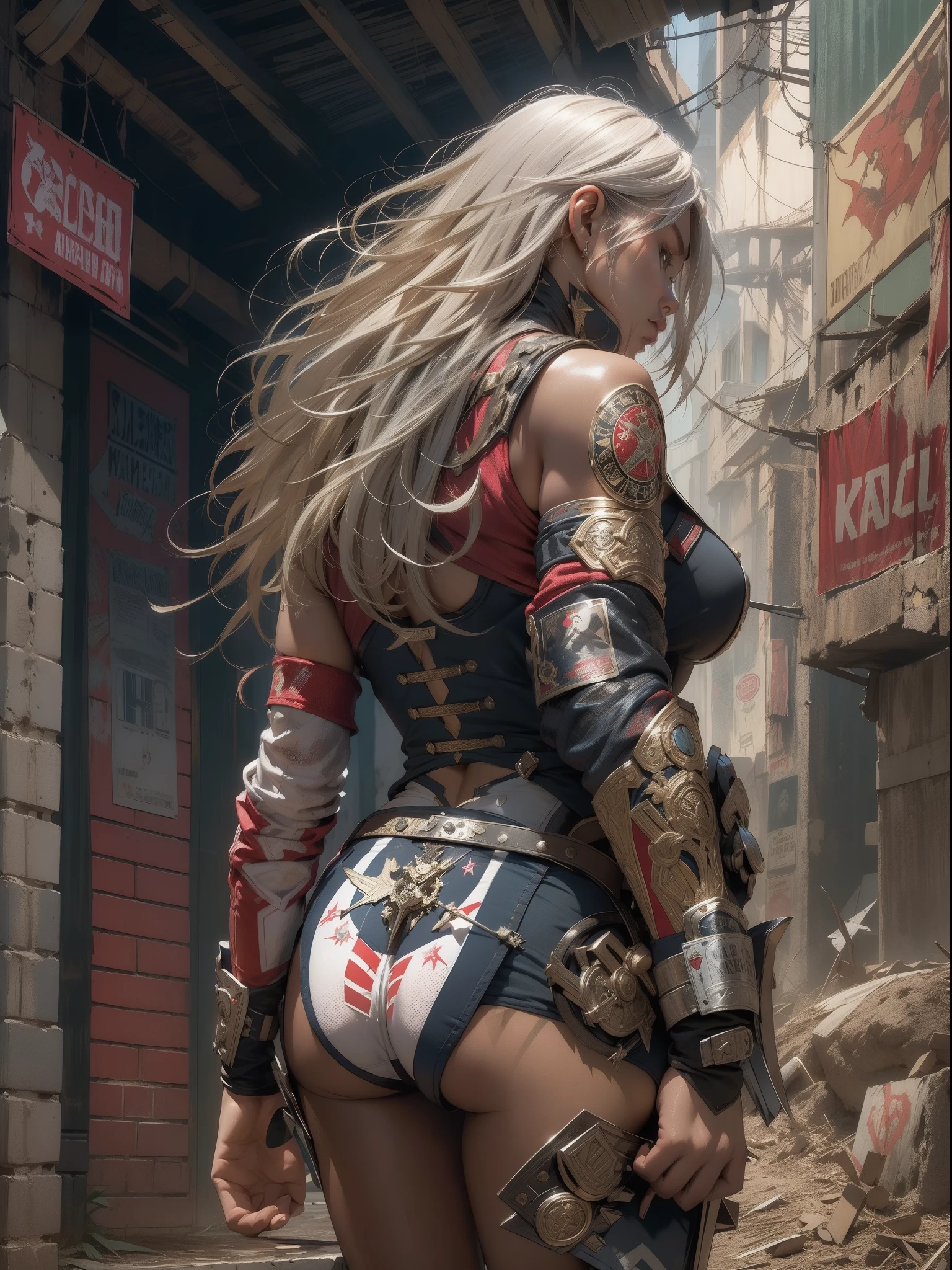 (((mulher))), (((melhor qualidade))), (((obra prima))), (((adulto))), (((1girl))), ((( de costas ))), ((( corte de cabelo bob ))), Uma gladiadora cyberpunk mulher de 25 anos com corpo perfeito, ((( Back view ))), ((( butt ))), shoulder pads with metal spines, Gladiadores do Brooklyn, (( corte de cabelo bob )), tiny leather panties, camiseta de time de rugby rasgada, quase nua no estilo selvagem urbano de Simon Bisley para a capa da revista Heavy Metal, Cabelo loiro curto, Minimum clothing, Metal protection on the left arm with intricate graphics, Dark red with white stars and white and navy blue checkerboard pattern, armadura, cheio de pontas e rebites, (((do joelho pra cima))), cabelos loiro branco curto, no fundo uma parede pintada por Shepard Fairey com um design intrincado