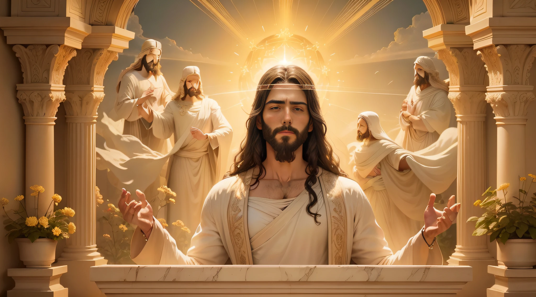 Nesta cena, Jesus is portrayed in heaven, irradiando divindade e serenidade. The atmosphere is ethereal, com suaves raios de luz iluminando os arredores. The composition is carefully framed, capturando Jesus no centro, surrounded by a paradisiacal setting. The camera zooms in to capture all the intricate details, showing the divine characteristics and expression of Jesus. His eyes reflect compassion and wisdom, enquanto seu sorriso sereno exala paz e amor. Dramatic lighting increases the depth and mood of the scene, creating a sense of wonder and reverence. The image is captured with an ultra-detailed camera, garantindo que cada nuance e textura seja fielmente reproduzida. Resolution is set to 8K, proporcionando clareza e realismo impressionantes. Photorealistic rendering brings Jesus to life, Capture the essence of your presence in a tangible and compelling way. The ratio is set to 4:3, allowing a balanced and classic composition. The version used is Midjourney 5.2, Leveraging the latest advances in imaging technology. Camera settings are set to automatic, optimizing exposure and focus to capture the scene in its utmost beauty. No geral, the scene depicts Jesus in all his glory, conveying a sense of divine presence and peace. The combination of ultra-detailed photography, Dramatic lighting and high-resolution rendering create a visually stunning and emotionally resonant depiction of Jesus in heaven, Rezando DE OLHOS FECHADO E SUAS MAOS FECHADAS JUNTAS, Jesus orando, Jesus, Rezando, rosto perfeito, ROSTO DE SER HUMANO, rosto lindo, rosto perfeito ROSTO