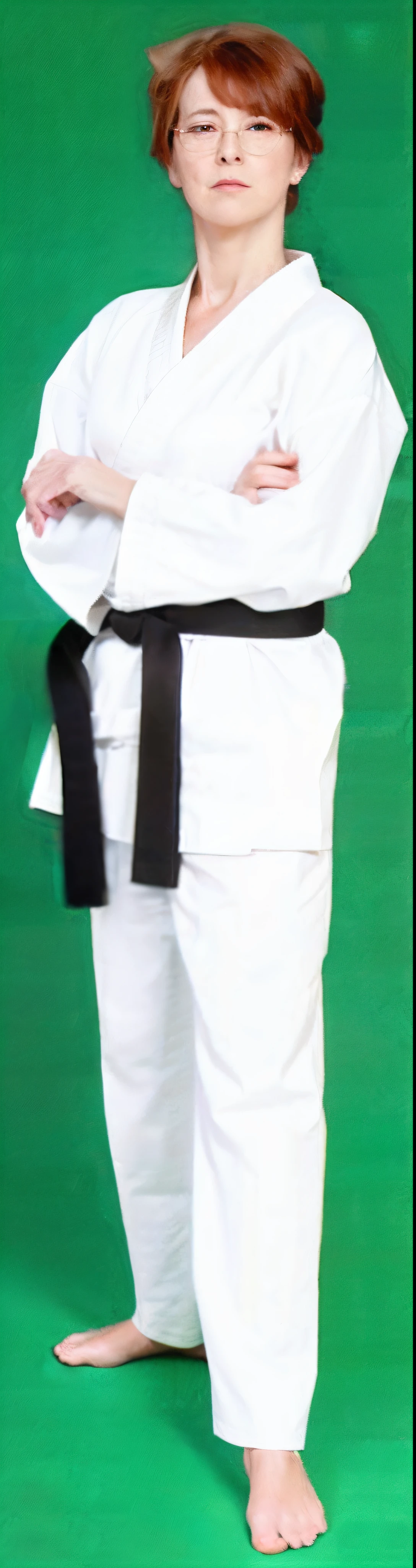 elderly spectacled woman in white kimono standing with arms crossed, karate outfit, black belt, wearing a white gi, karate, white uniform, inspired by Masamitsu Ōta, inspired by Gatōken Shunshi, inspired by Tōichi Katō, inspired by Shibata Zeshin, karate pose, belts & velcro galore