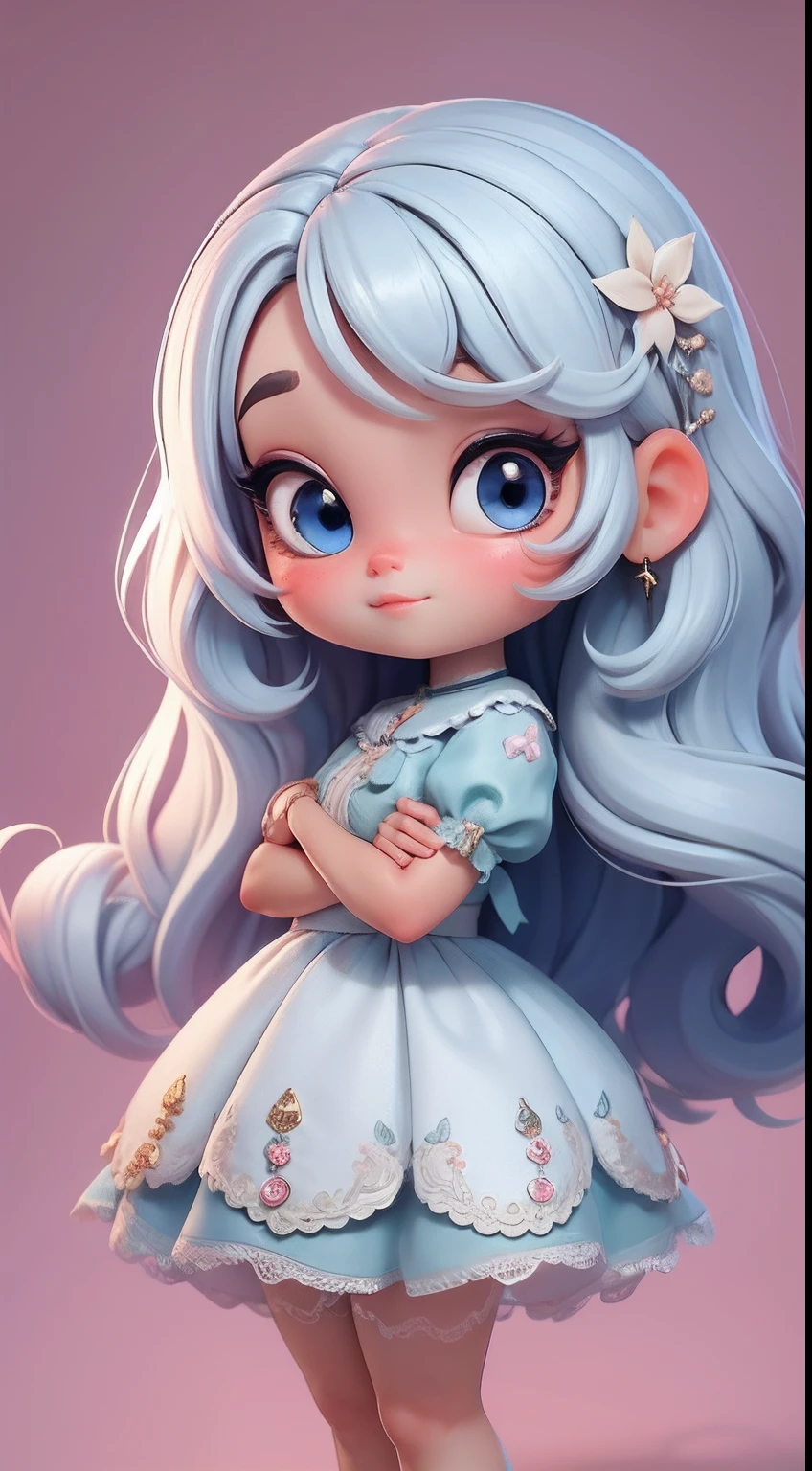 Create a series of loli chibi style dolls with a fairy theme, each with lots of detail and in an 8K resolution. All dolls should follow the same solid background pattern and be complete in the image, mostrando o (corpo inteiro, incluindo as pernas: 1.5)

Boneca fadas: Chame-a de Bella. Ela deve ter cabelo curto em tons terrosos claro. Seus olhos devem ser grandes e brilhantes, with long eyelashes and rosy cheeks. asas longas, abertas e brilhantes. Bella deve estar vestida com um vestido delicado e longo, com detalhe estampado e saia longa rodada. Detalhes florais. Don't forget the details, com detalhes coloridos e enfeites encantadores, sapato bonito

Certifique-se de adicionar sombras, texturas e detalhes nos cabelos, roupas, Cute accessories of each doll, to make them even more adorable and charming.