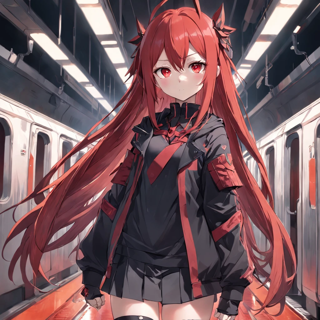 only one anime girl with long red hair and and red eyes, from arknight, with horns(color black) and big sword, red mini skiirt, in the train, standing insanely hot