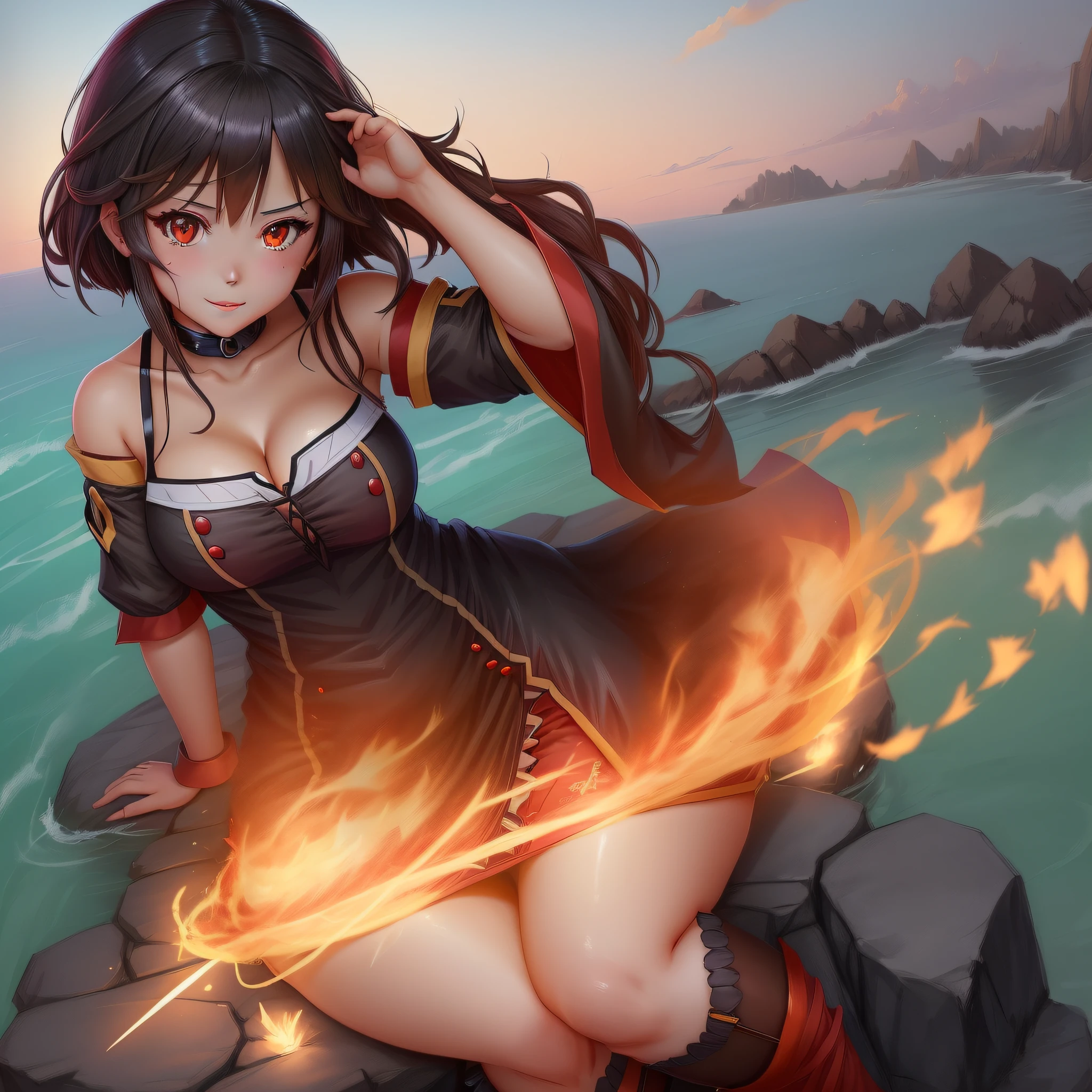 A hot waifu character with beautiful natural eyes that looks like Megumin from konosuba anime