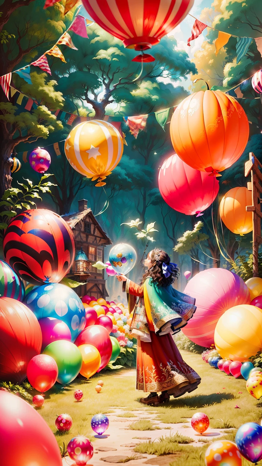 There are many balloons and other decorations learn an enchanted world, arte de fundo, arte digital detalhada bonito, painting digital adorable, Floresta dos Doces, Arte de fundo, a beautiful artwork illustration, arte conceitual colorida, stylized digital illustration, full-colour illustration, pintura digital colorida, wizarding world. colorido, Arte digital altamente detalhada em 4k, detailed game art illustration, pintura detalhada 4K.