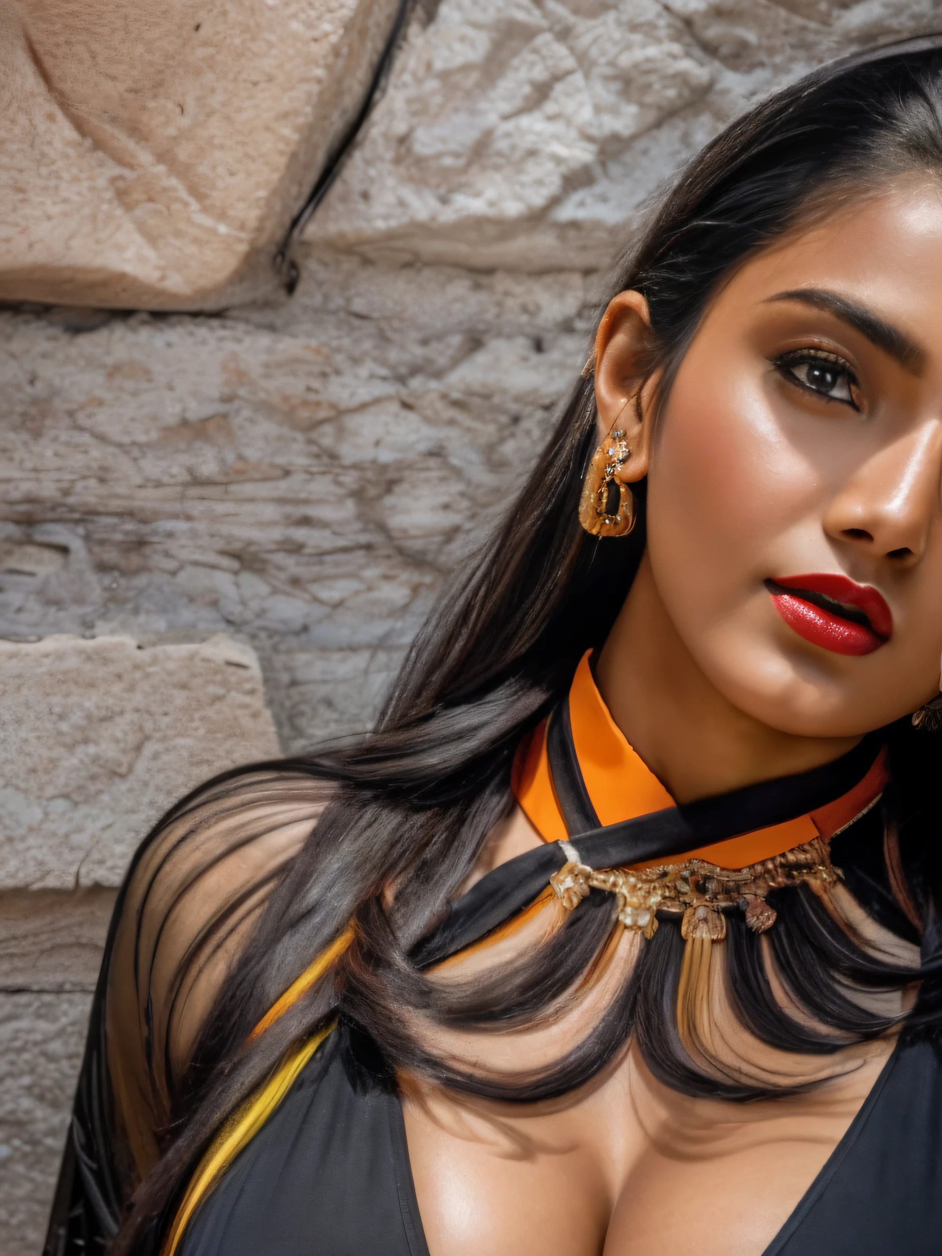 professional 8k high detail photo of ara333 looking at the camera, portrait of super indian model, beautiful face, big breast, dark red lips, fair glowing skin