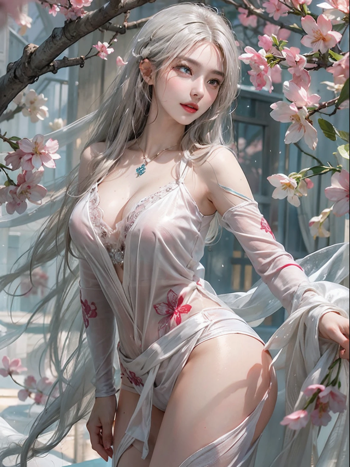 Photorealistic, High resolution, Soft light,1womanl, Solo, hips up high, glistning skin, (Detailed face),The tattoo, Jewelry, Wedding see-through hanf, cherry blossom, Night, White wavy hair, Beautiful Soldier, An eye that invites the viewer, Lover's perspective, inviting expression, Sexy smile, Perfect Style, Perfect balance, Detailed skin, Naughty gaze, Chest visible、see -through、Sheer feeling、Wet skin、Wet hair、Spreading hair、