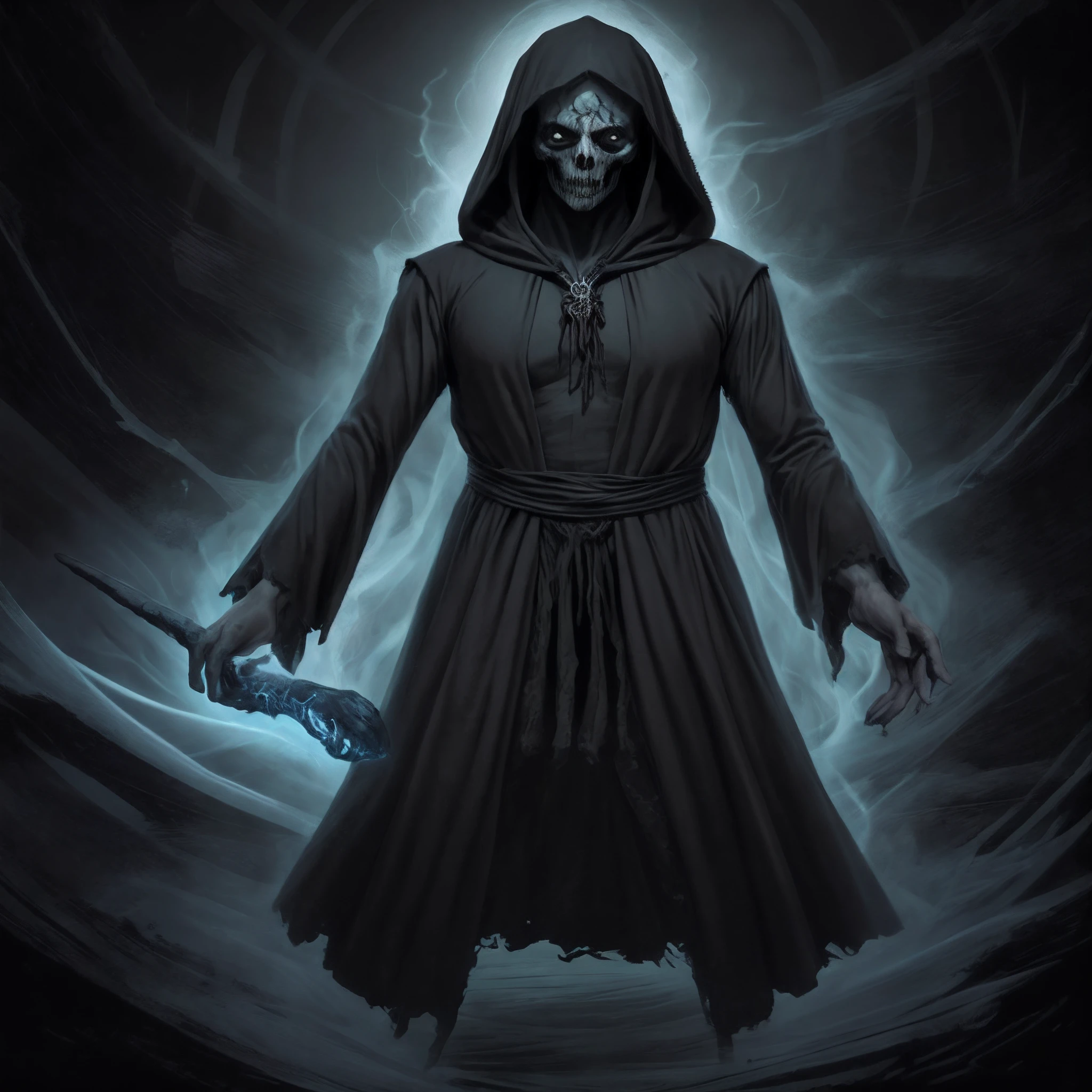 hyper detailed masterpiece, dynamic, awesome quality, mummy, dark hooded floating humanoid entity, cloaked in tattered hooded robes, ghostly diffuse lower body, face hidden under hood, no distinct features, drains happiness and positive emotions, cold despair inducing aura, soul sucking kiss, fear, despair, darkest aspects of magic