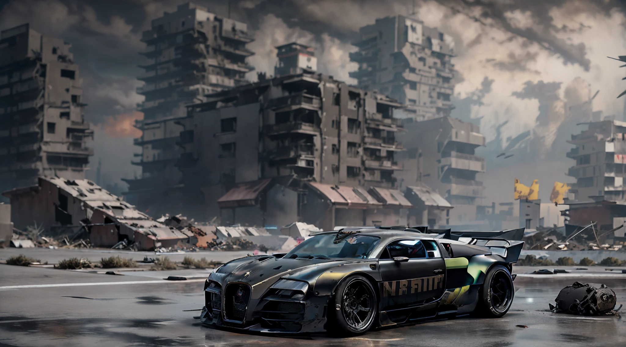 fking_scifi_v2, digital concept art of a matte black ((Bugatti:Veyron:1.5):0.65) car, Cyberpunk theme, orange armour plating, Intricate, High Detail, Sharp focus, huge drama, sinister dark skies, post apocalyptic landscape, red haze overlay, ominous, black destroyed futuristic buildings background, octane render, hazy and atmospheric, 4k