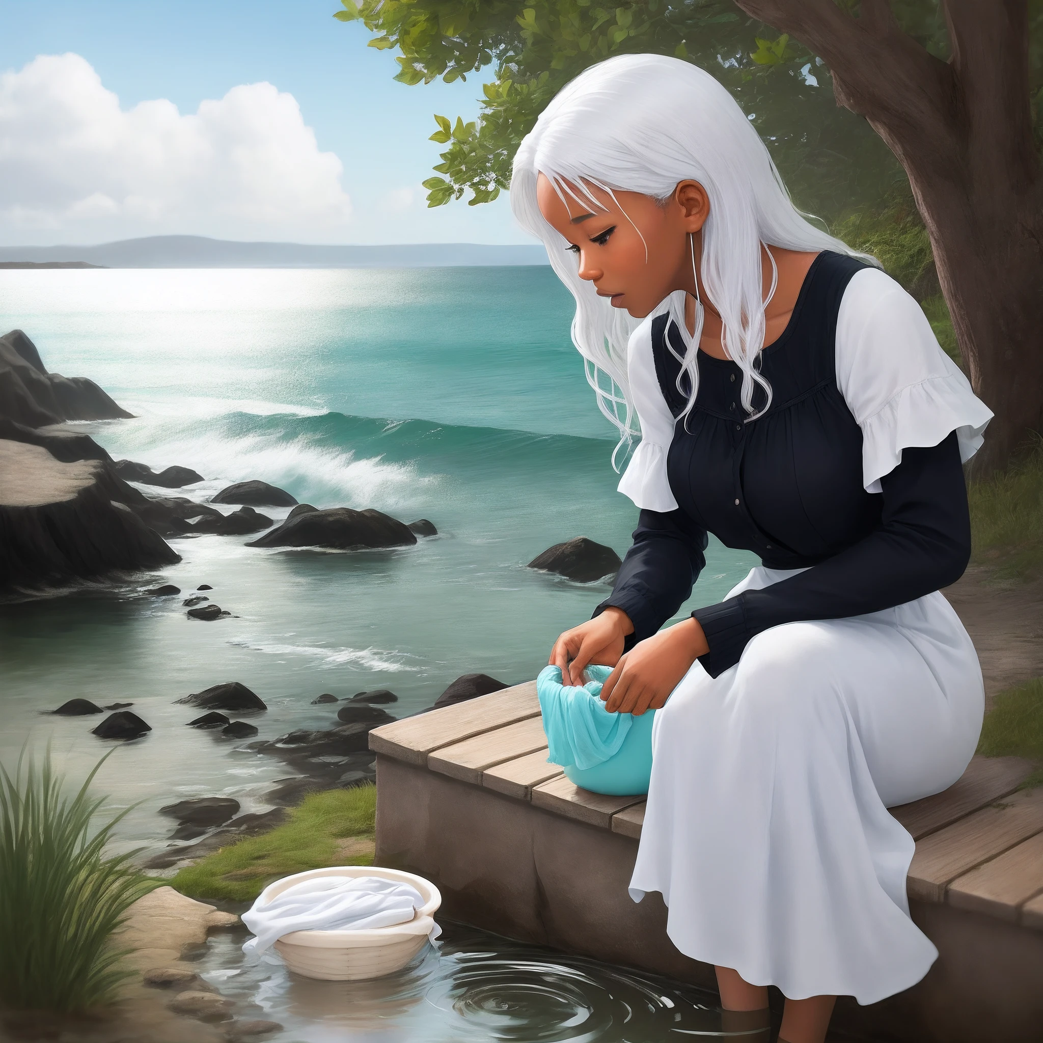 black woman with white hair washing clothes by the sea