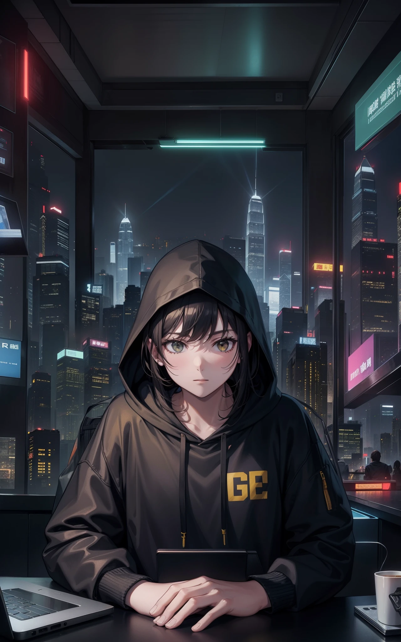 Yellow color Hoodie, and buildings on the background is more Hong Kong style