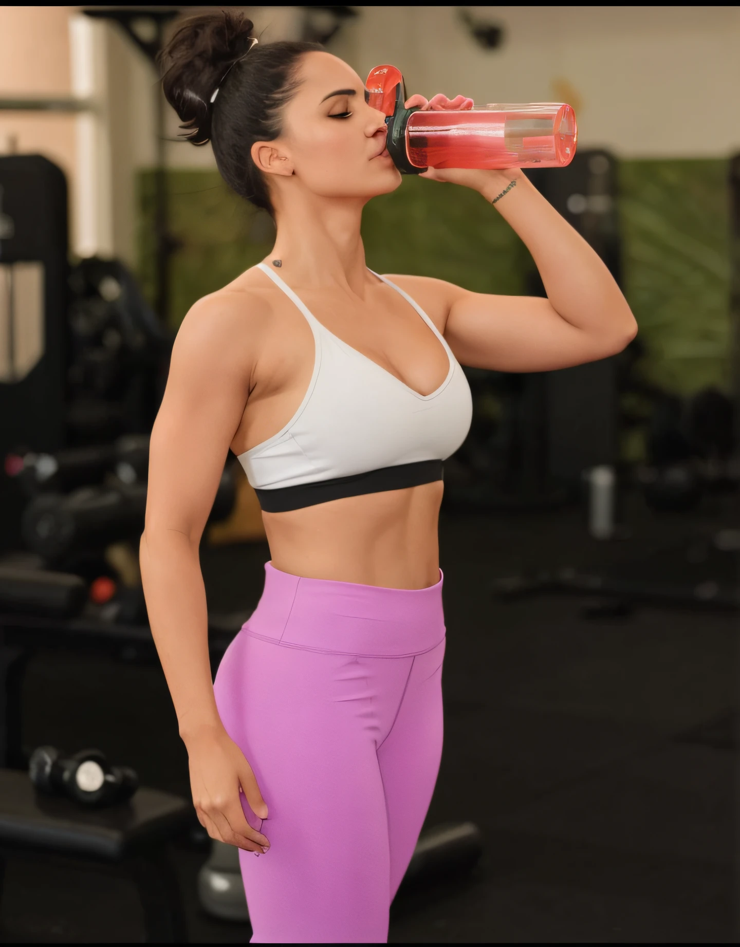 Araffe woman drinking a glass of water in a gym, menina em forma, brassier, Esporte bom, sport bra and shorts, sports bra, mulher em forma, detailed sports bra, foto fit, physical : tinyest midriff ever, Camisa de corte e abdominais fortes, malhar, two piece workout clothes, em uma academia, pose lateral, modelo fitness
