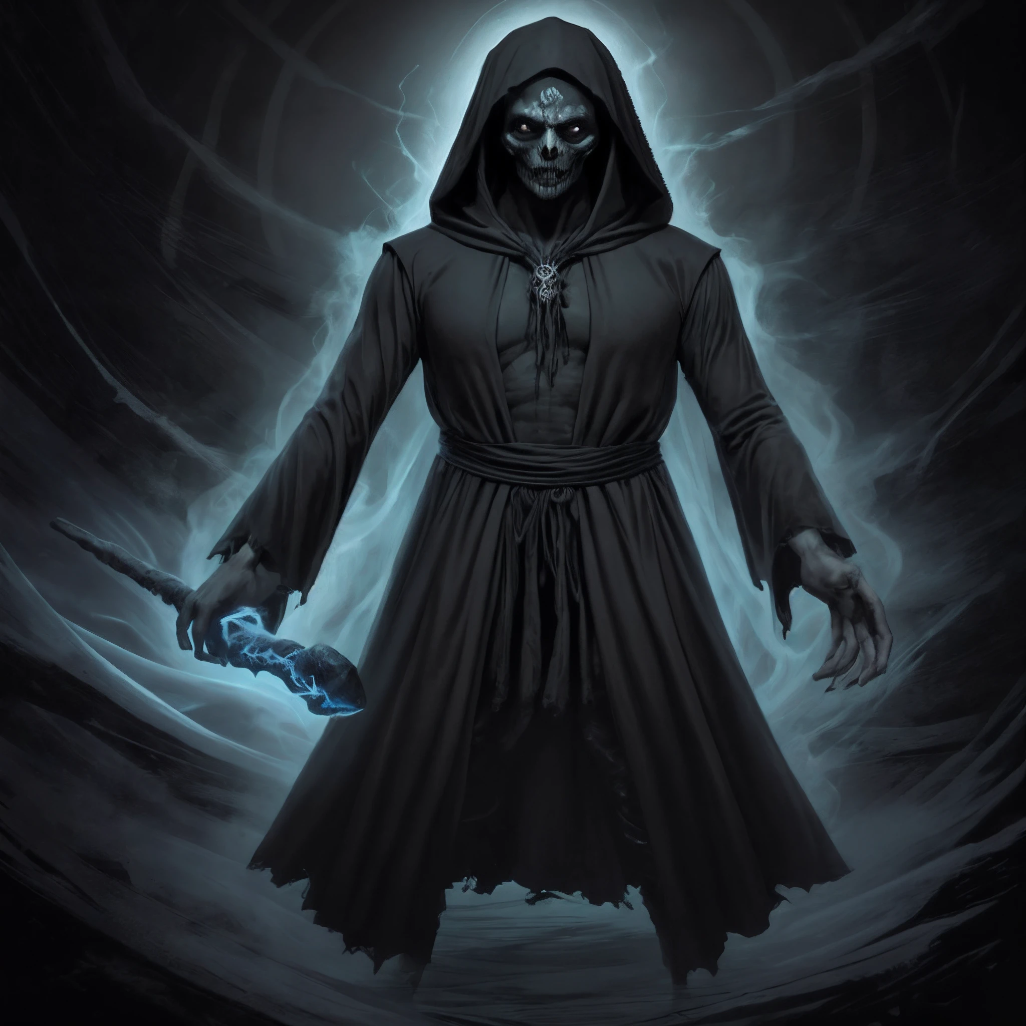 um close up de uma pessoa com um casaco encapuzado segurando uma faca, necromante de capa escura, manto escuro, figura escura encapuzada, Wraith com capuz escuro, dark flowing robe, vestido escuro, ghostly necromancer, O Ceifador como um Assustador, vestindo manto escuro, Mago morto-vivo, Dark robes, Personagem sombrio e sinistro, Scary black figure standing