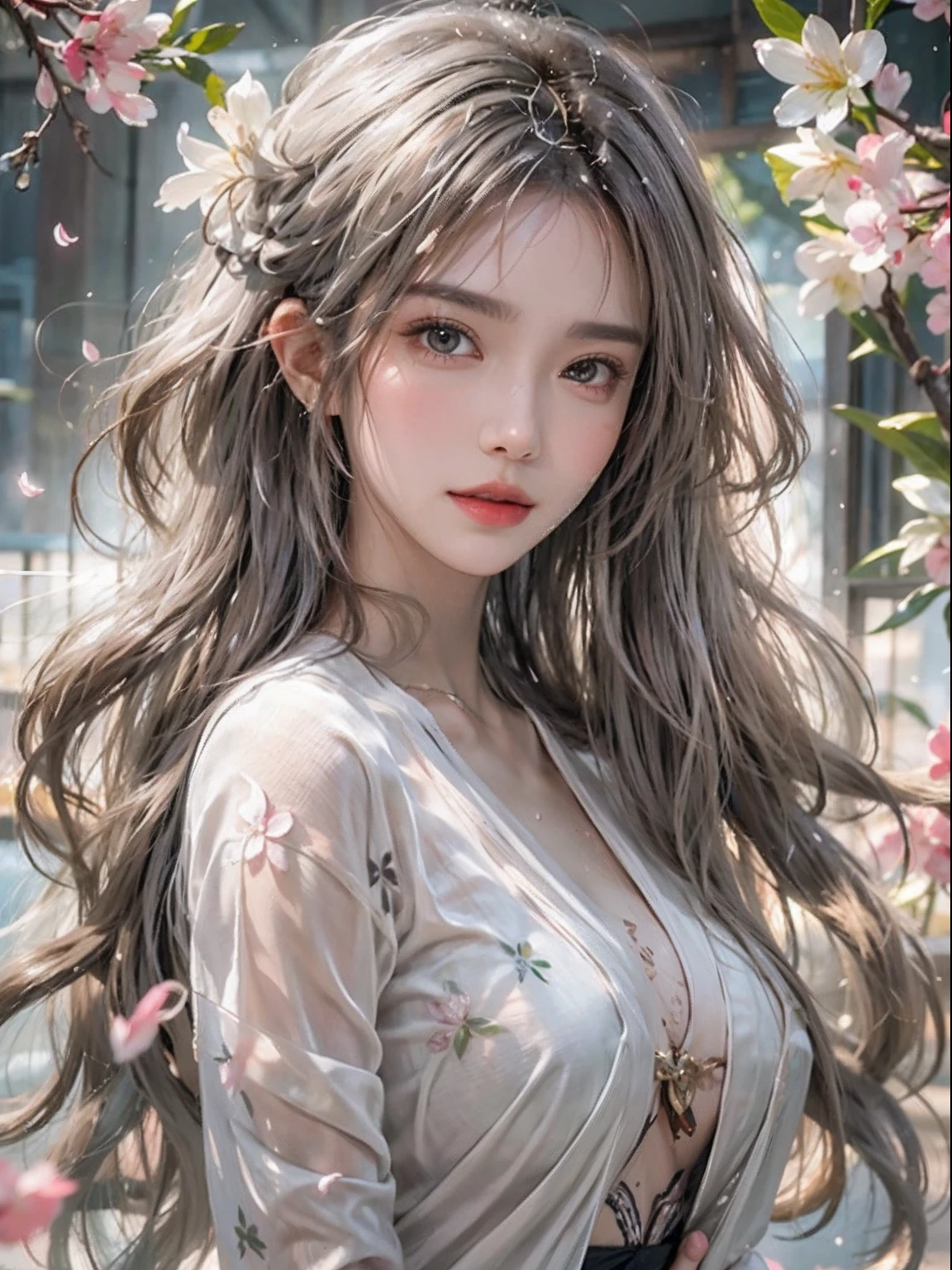 Photorealistic, High resolution, Soft light,1womanl, Solo, hips up high, glistning skin, (Detailed face),The tattoo, Jewelry, Wedding see-through hanf, cherry blossom, Night, White wavy hair, Beautiful Soldier, An eye that invites the viewer, Lover's perspective, inviting expression, Sexy smile, Perfect Style, Perfect balance, Detailed skin, Naughty gaze, Chest visible、see -through、Sheer feeling、Wet skin、Wet hair、Spread hair、Spreading stall、Wet clothes、sodden、