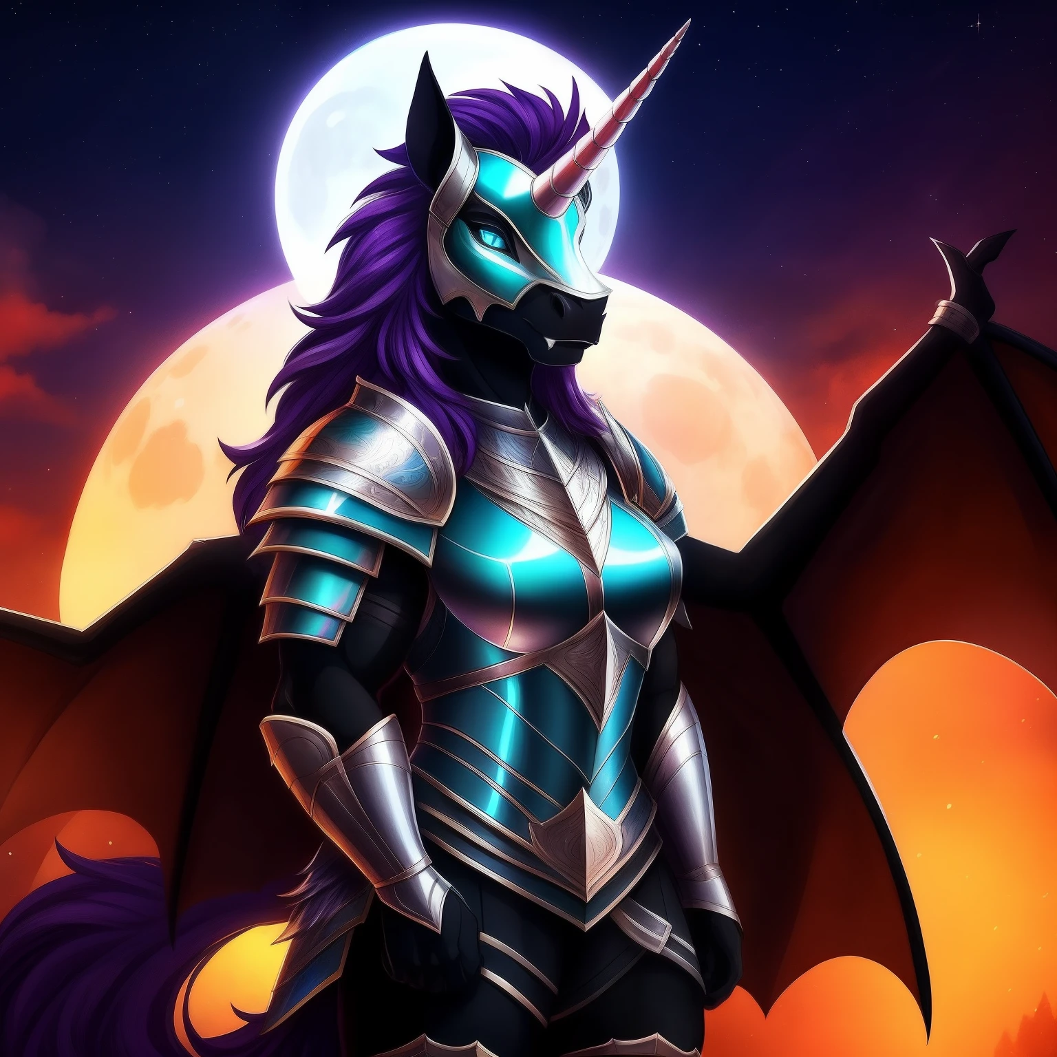 Muscular_mature_horse female faded_dark_purple_mane ethereal_mane black_furry_body iridescent_teal_eyes slit_pupils solo Masterpiece best_quality absurdres highly_detailed cleanly_drawn_eyes heavy_plate_armor fangs bat_wings helmet purple_eyeshadow starry_mane long_black_unicorn_horn horse_snout anthro_only majestic moon_motifs_on_armor