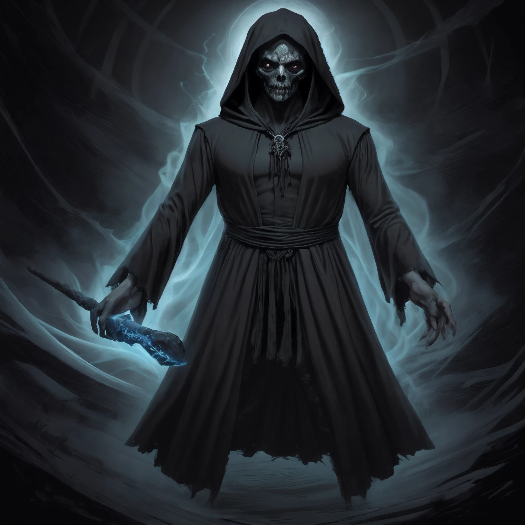 um close up de uma pessoa com um casaco encapuzado segurando uma faca, necromante de capa escura, manto escuro, figura escura encapuzada, Wraith com capuz escuro, dark flowing robe, vestido escuro, ghostly necromancer, O Ceifador como um Assustador, vestindo manto escuro, Mago morto-vivo, Dark robes, Personagem sombrio e sinistro, Scary black figure standing