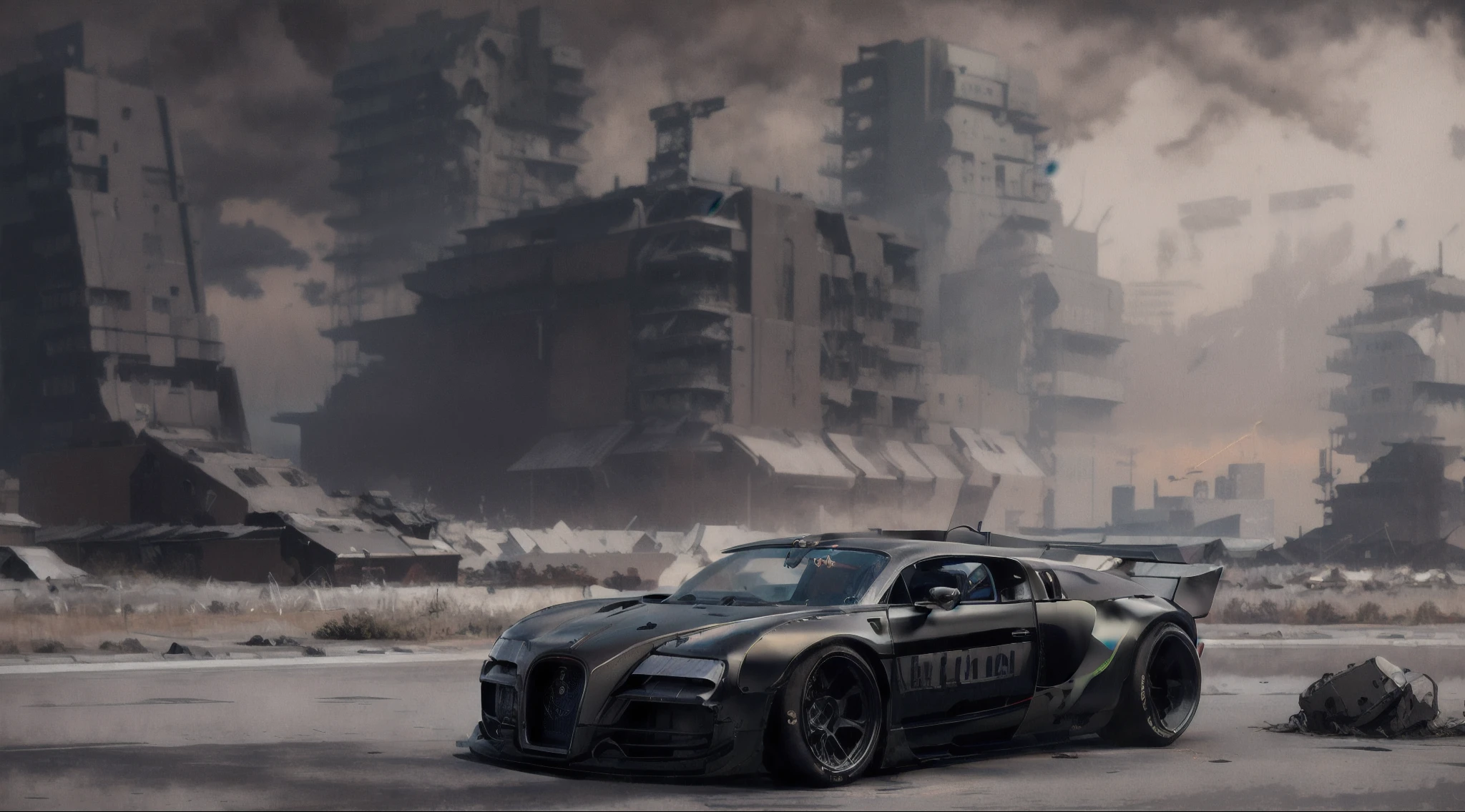 fking_scifi_v2, digital concept art of a matte black ((Bugatti:Veyron:1.5):0.65) car, Cyberpunk theme, orange armour plating, Intricate, High Detail, Sharp focus, huge drama, sinister dark skies, post apocalyptic landscape, red haze overlay, ominous, black destroyed futuristic buildings background, octane render, hazy and atmospheric, 4k