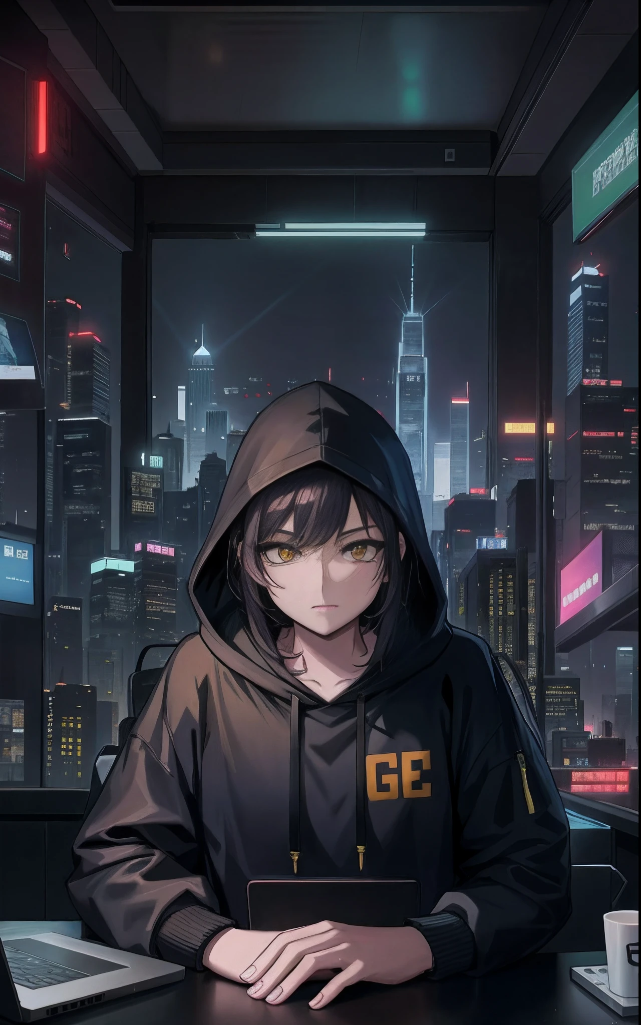anime - style image of a woman in a hoodie sitting at a table with a laptop, cyberpunk anime girl in hoodie, digital cyberpunk anime art, cyberpunk anime girl, anime style 4 k, cyberpunk anime art, anime art wallpaper 8 k, digital cyberpunk - anime art, 4k anime wallpaper, badass anime 8 k, anime cyberpunk art, anime art wallpaper 4 k