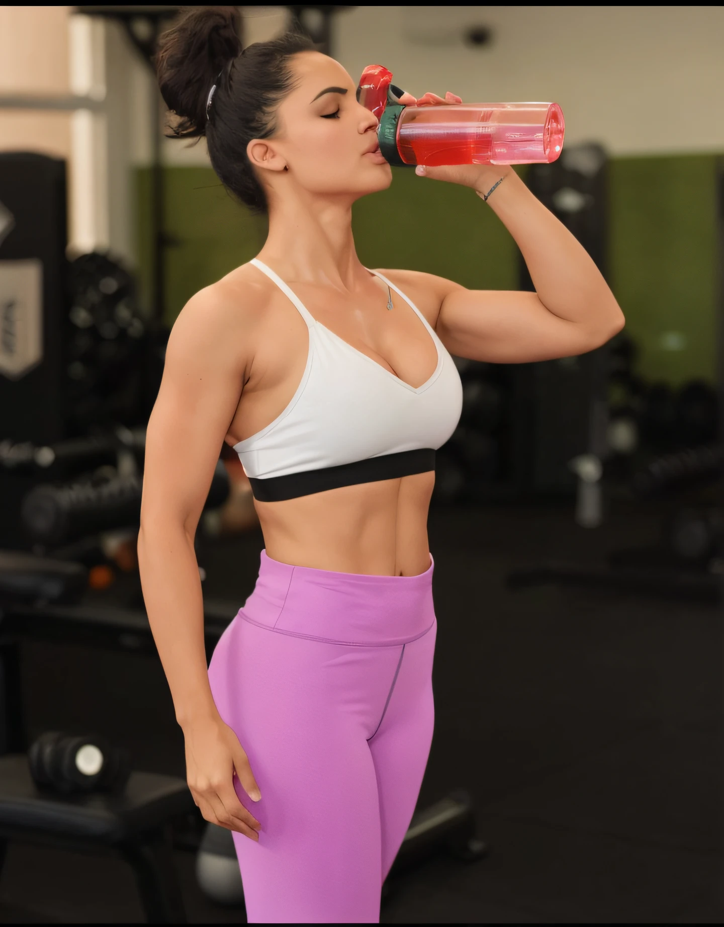 Araffe woman drinking a glass of water in a gym, menina em forma, brassier, Esporte bom, sport bra and shorts, sports bra, mulher em forma, detailed sports bra, Photo adjustment, physical : tinyest midriff ever, Camisa de corte e abdominais fortes, malhar, two piece workout clothes, em uma academia, pose lateral, modelo fitness, fleshy mouth