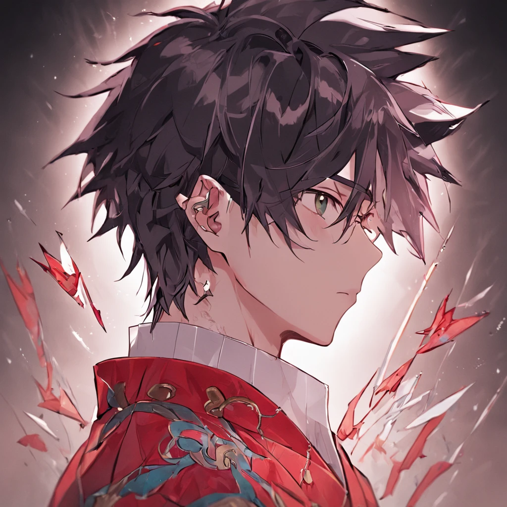(White background:1.4),(Silhouette of a boys's head, Eyes closed, colorfull, Oriental elements), ((Chinese illustration:1.3)),paper art:1.3, Quilted paper art:1.2),( reasonable design, Clear lines, High sharpness,Best quality, Very detailed, Masterpiece, movie light effect, 4K ),pale skin and short, black hair with an undercut on the lower third of the back of his head, but his bangs hang down his face to partially cover his missing eye and white medical eye patch, It is implied that his hair has been dyed white due to the presence of black growth on his lower section,he is noted by others to be as handsome as a model,Regardless of his outfit, he wears a tag on a chain suggesting personal devotion, he wears a white medical eye patch over Reiji's right eye,he has two thin, red rings on his index finger and ring finger, respectively,Both ears are perforated and two on a short chain,he wears earrings that look like small rings from which an isosceles triangle dangles