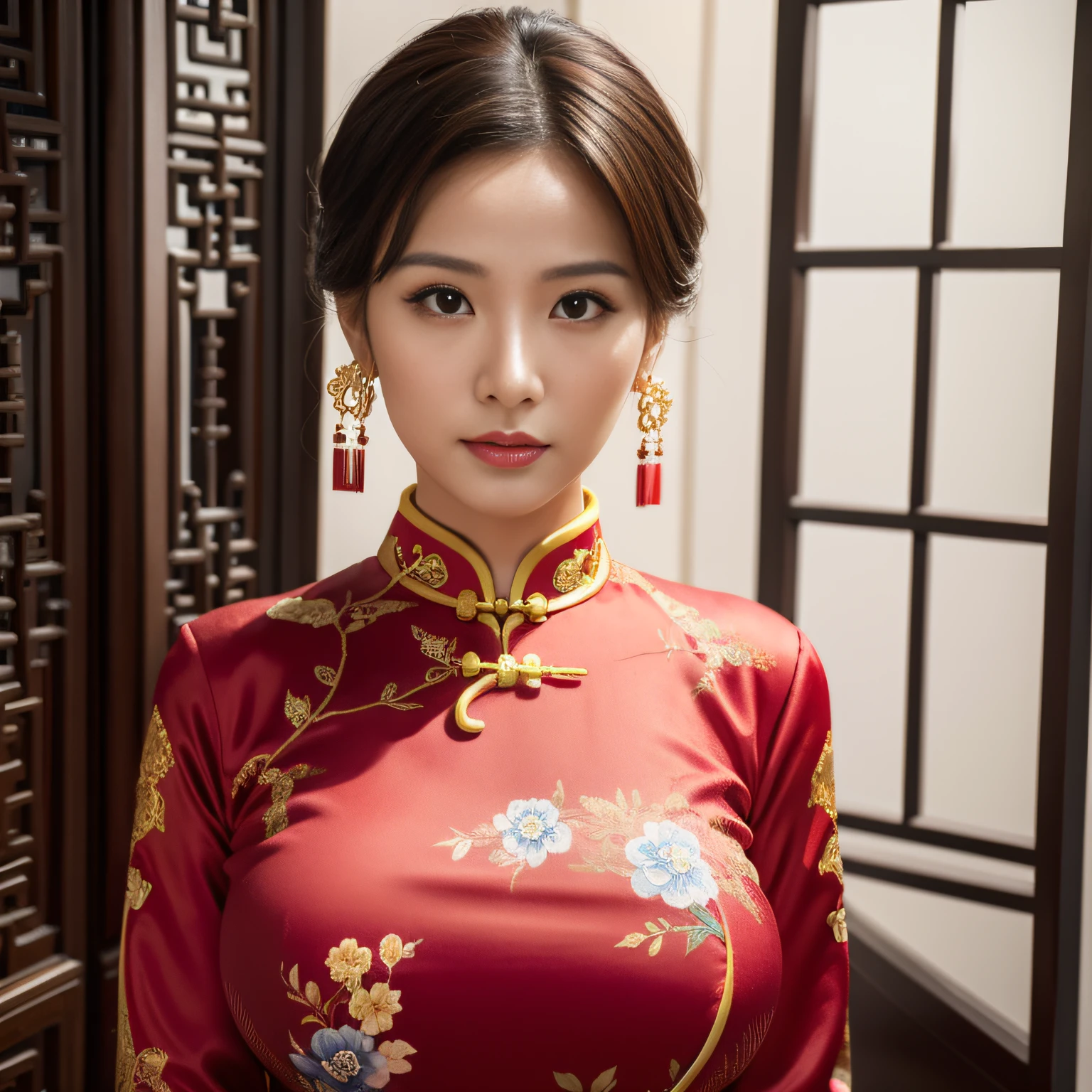 a Chinese woman wearing a cheongsam, (((masterpiece))), ((best quality)), ((intricate detailed)), ((Hyperrealistic)), absurd res, milf, mature woman, perspective, highly detailed, illustration, 1girl, ((large breasts)), perfect hands, detailed fingers, beautiful detailed eyes, updo hair, brown eyes,(chinese dress:1.2), earrings, detailed background, perfect eyes, seductive eyes, looking at the viewer, from front