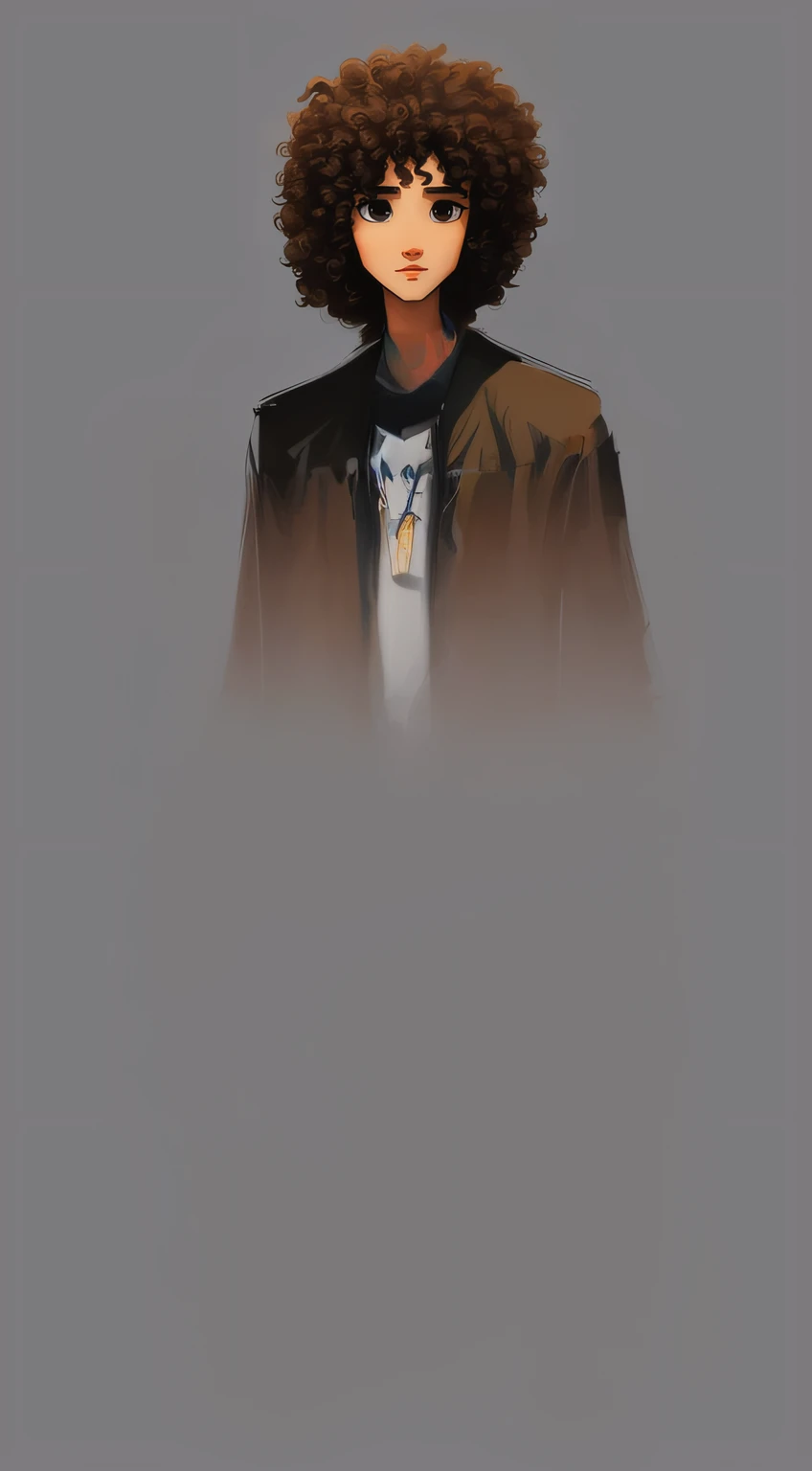 (masterpiece, best quality), intricate details, 8k, artstation, wallpaper, official art, splash art, sharp focus, fullbody of tall skinny man, wearing brown jacket with white tshirt under, black jeans, sneakers, standing tall facing foward, fullbody, grey background, arms to side