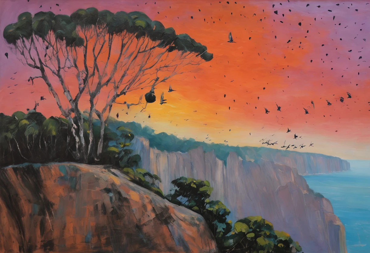On the right side some vultures flying in circles on the edge of the cliff, sobrevoando o morro da Vista Chinesa, in Rio de Janeiro, noite escura, com muitas sombras, stars and full moon in the sky and many trees coming down the cliff