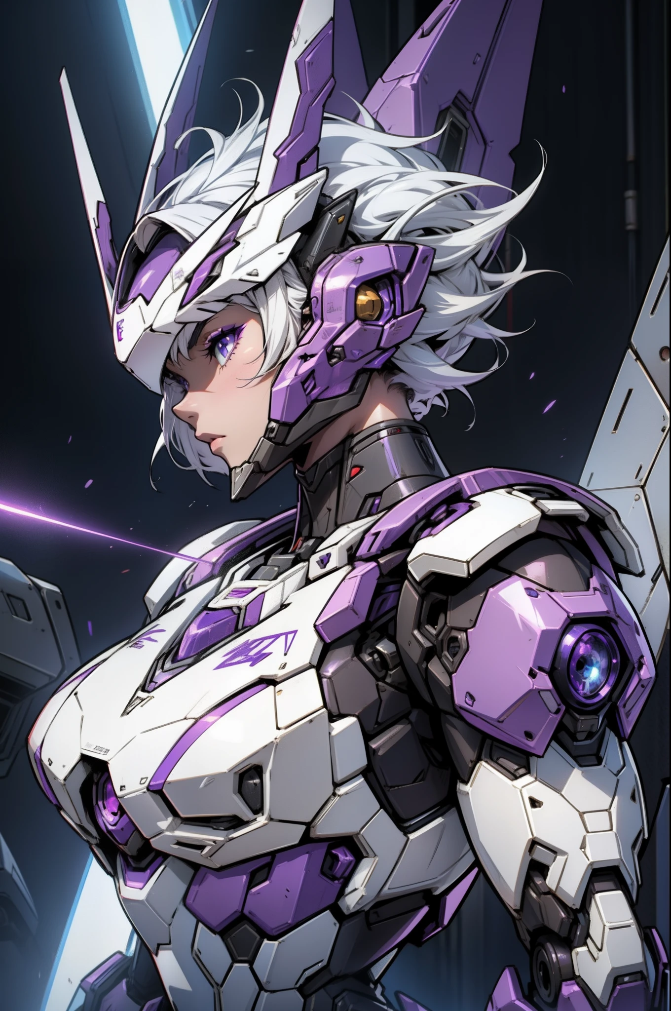 a close up of a woman in a purple and white outfit holding a large robot, anime mecha aesthetic, girl in mecha cyber armor, streamlined purple armor, armor girl, mecha asthetic, anime robotic mixed with organic, slick purple armor, cyberpunk anime girl mech, detailed anime artwork, mechanized valkyrie girl, female mecha, white hair, short hair, gun laser
